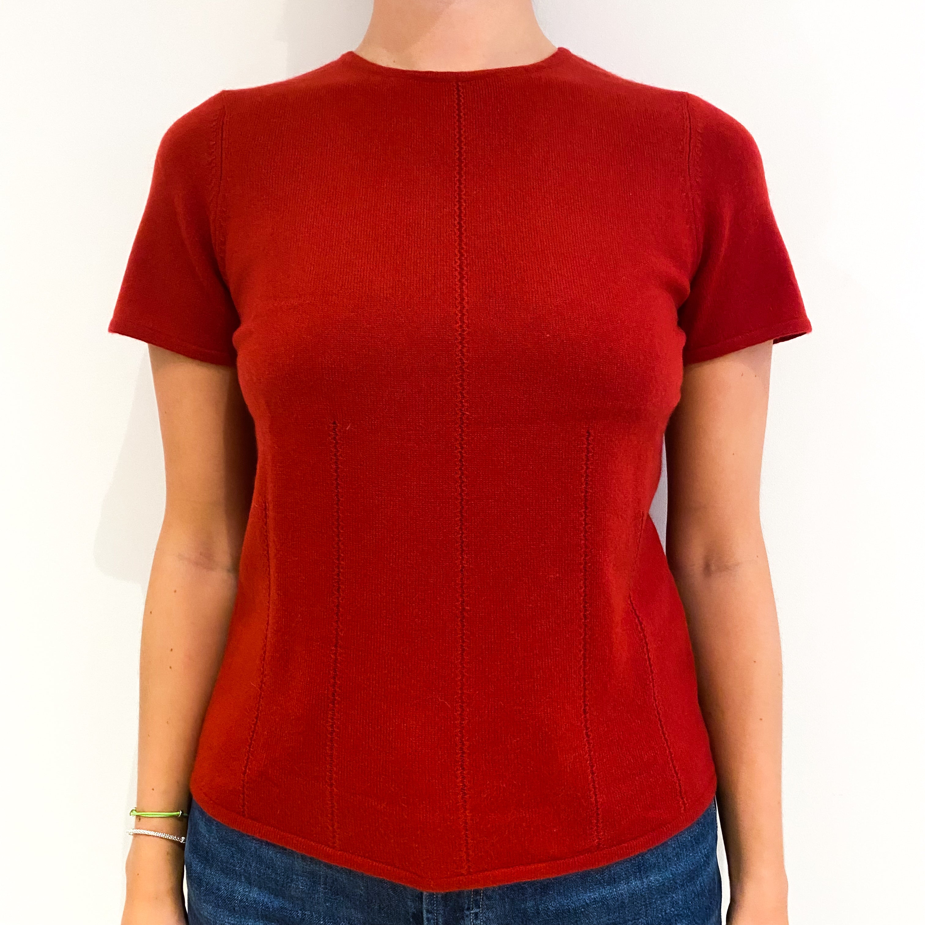 Tomato Red Short Sleeved Cashmere Crew Neck Jumper Medium