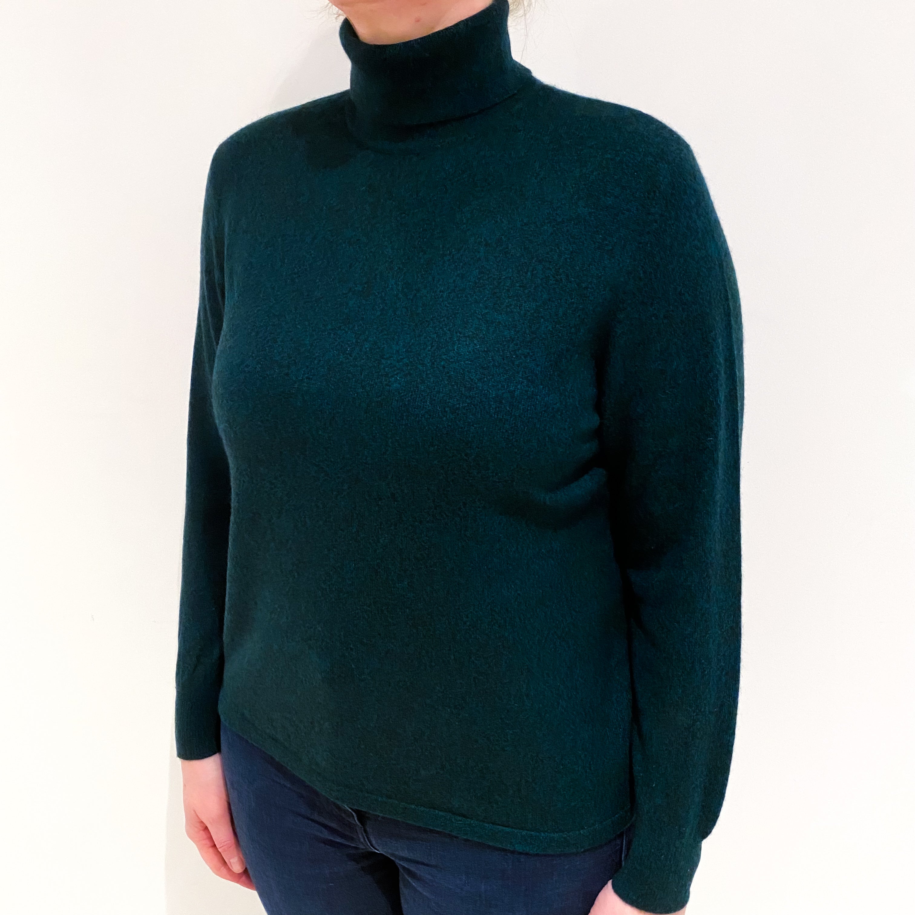 Forest Green Marl Cashmere Polo Neck Jumper Large