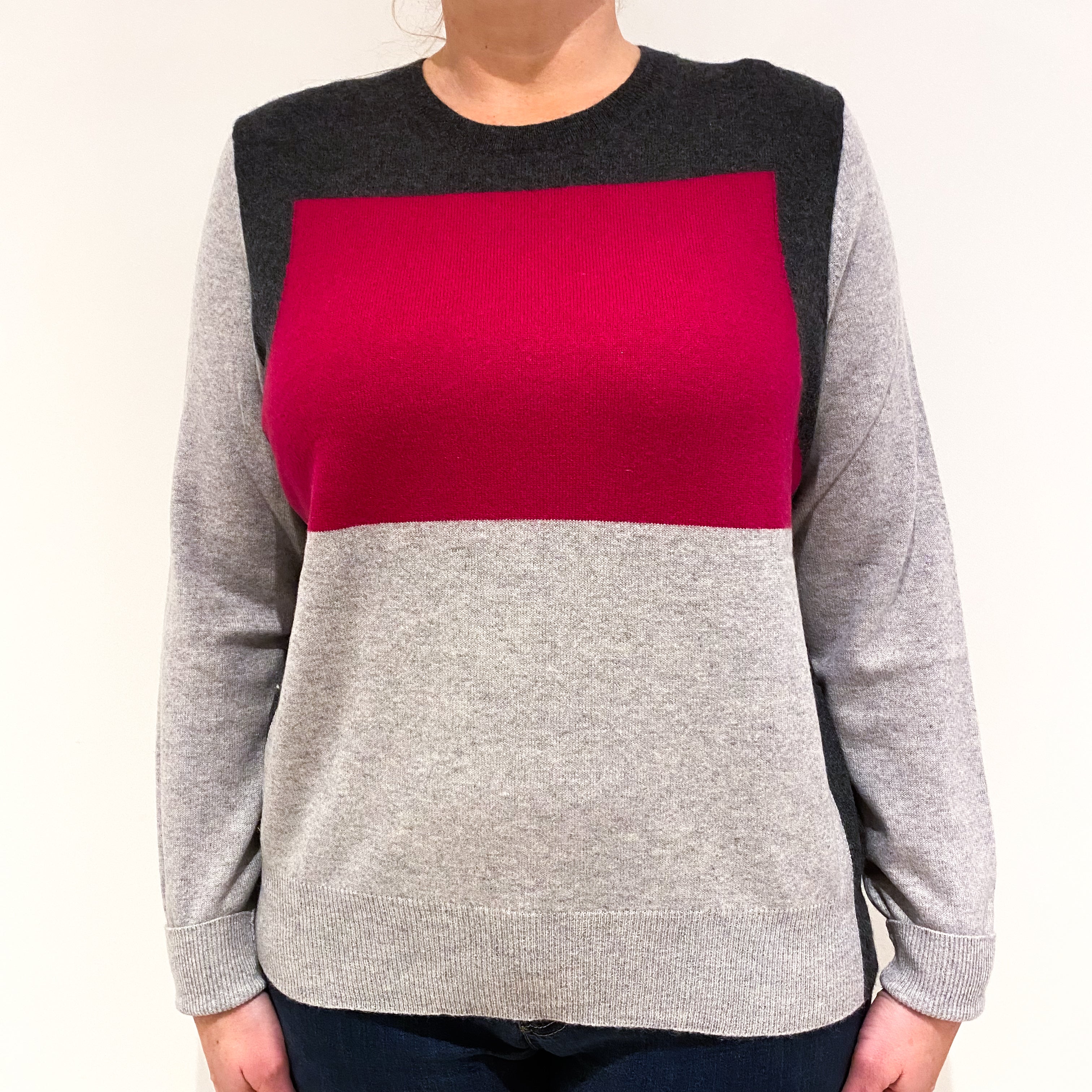 Pink and Grey Colour Block Cashmere Crew Neck Jumper Large