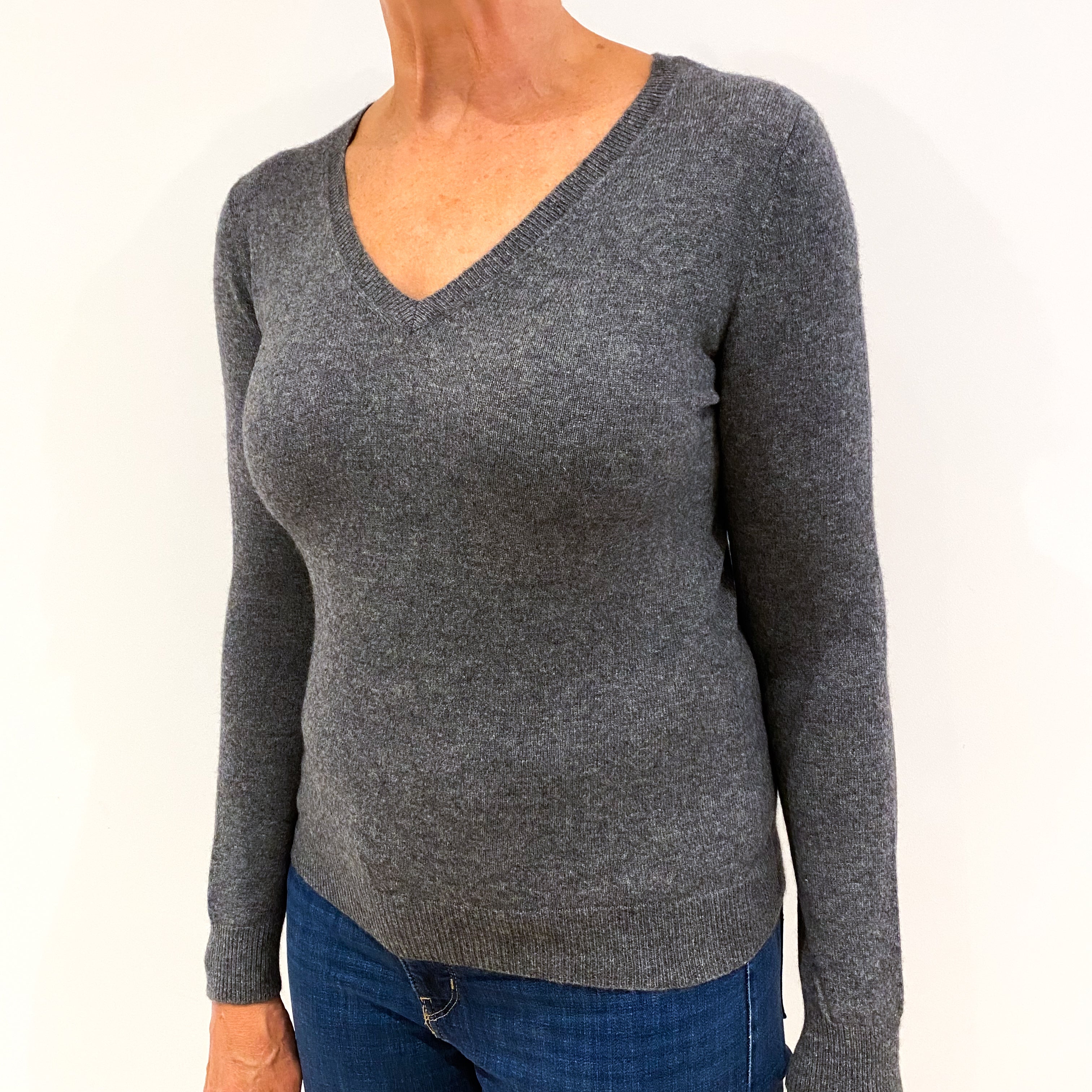 Slate Grey Cashmere V-Neck Jumper Medium