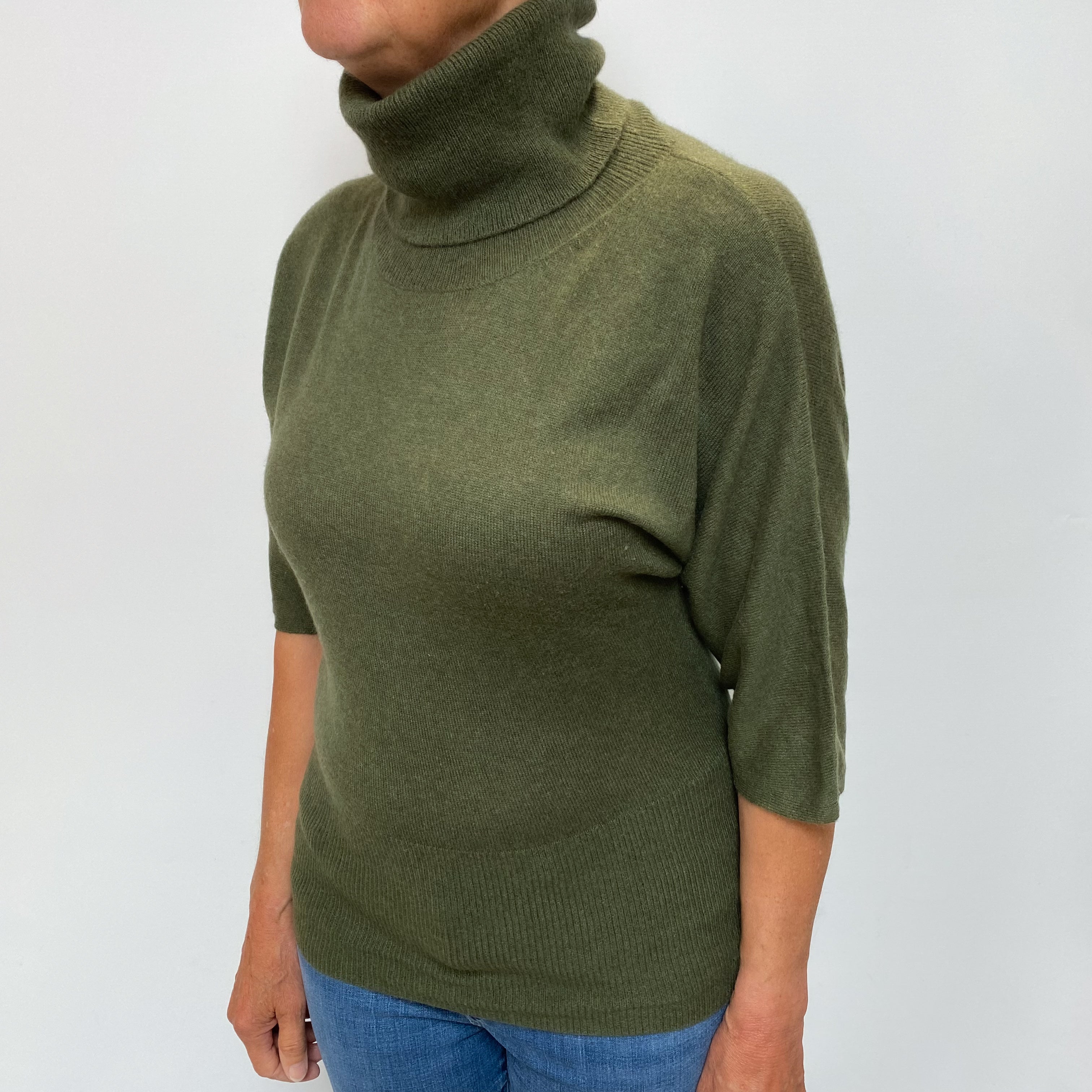 Deep Khaki Green Cashmere Polo Neck Jumper Medium
