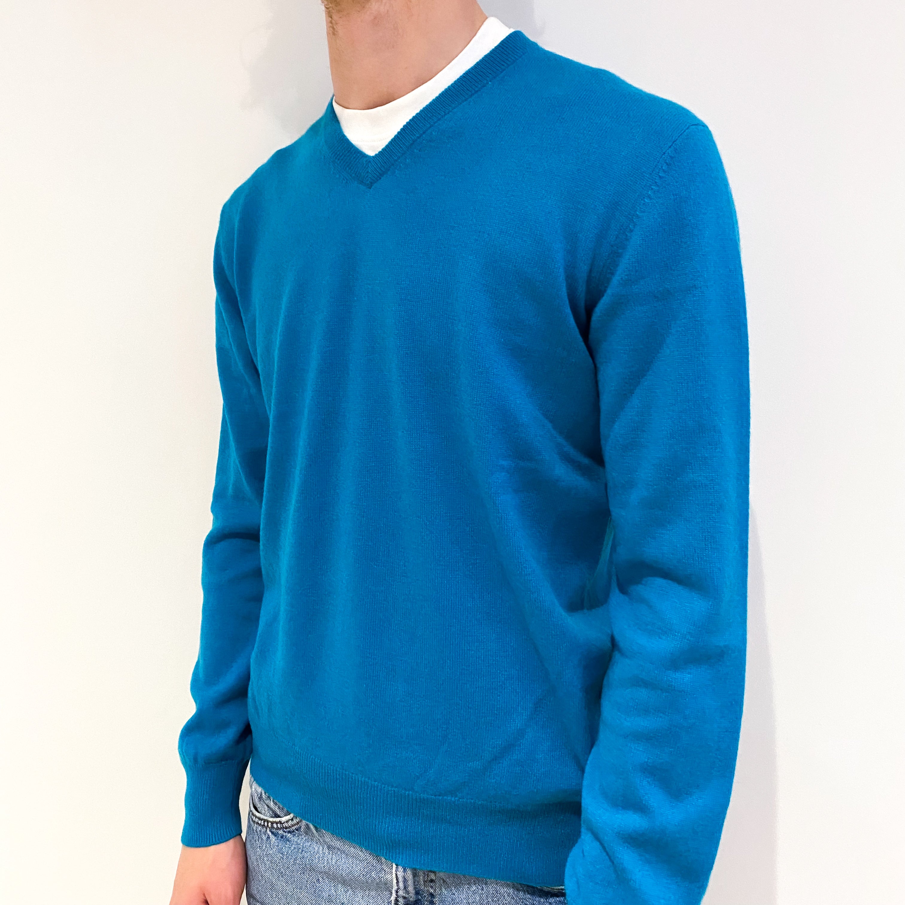 Men's Turquoise Green Cashmere V-Neck Jumper Medium