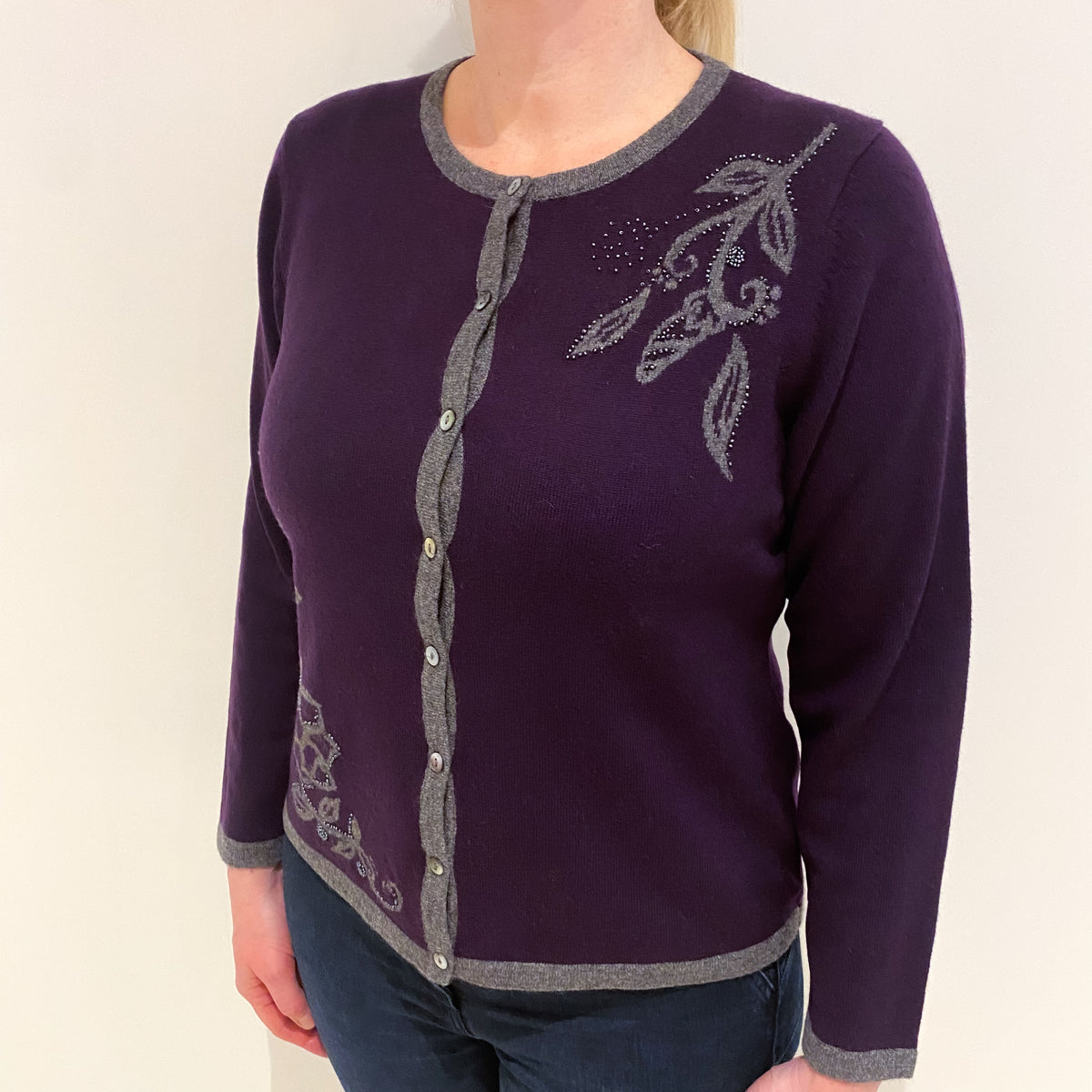 Grape Purple With Floral Design Cashmere Crew Neck Cardigan Large