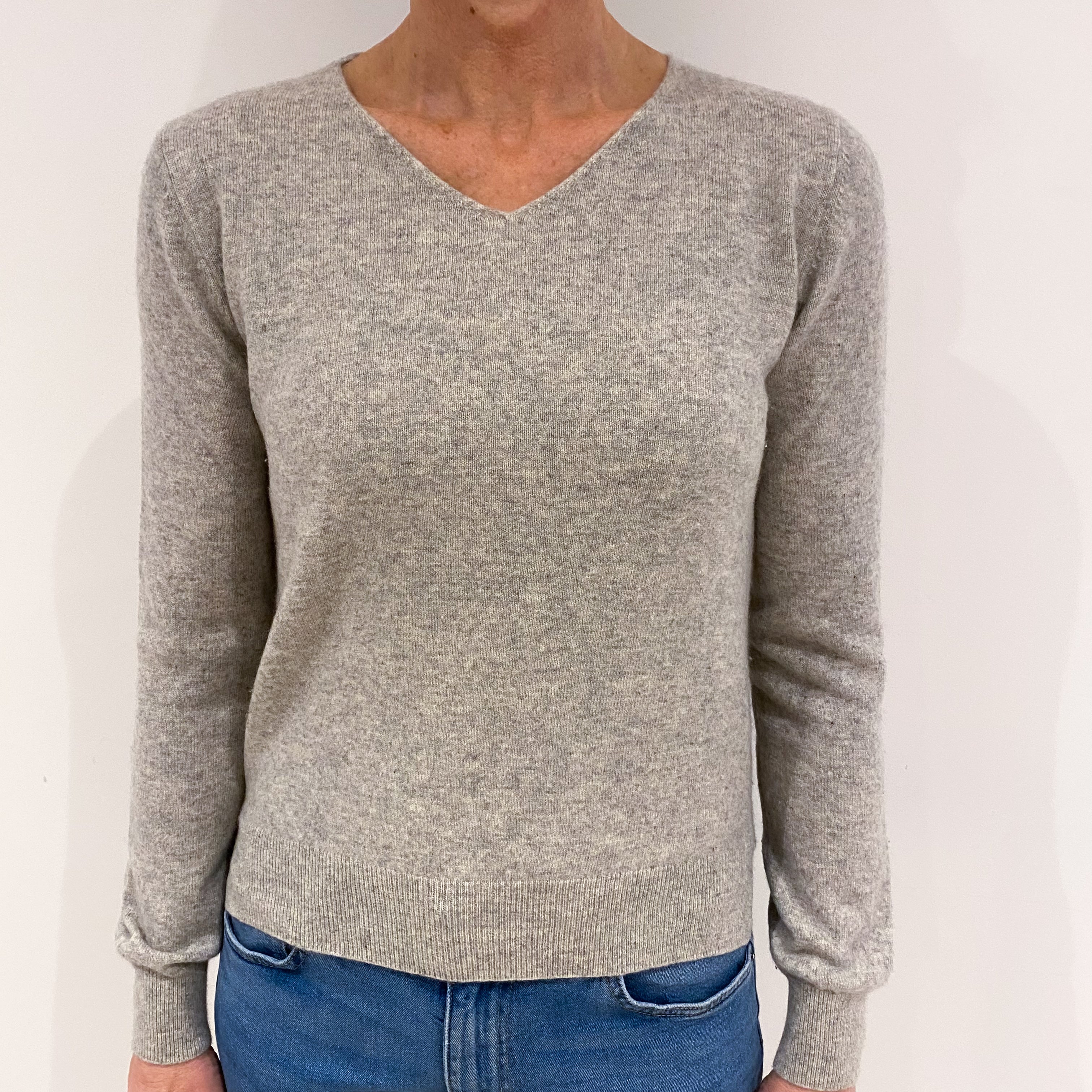 Smoke Grey Cashmere V Neck with Split Hem Jumper Small