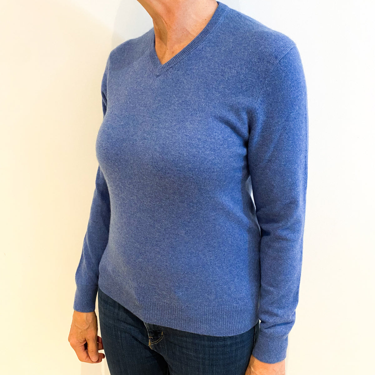Denim Blue Cashmere V Neck Jumper Medium
