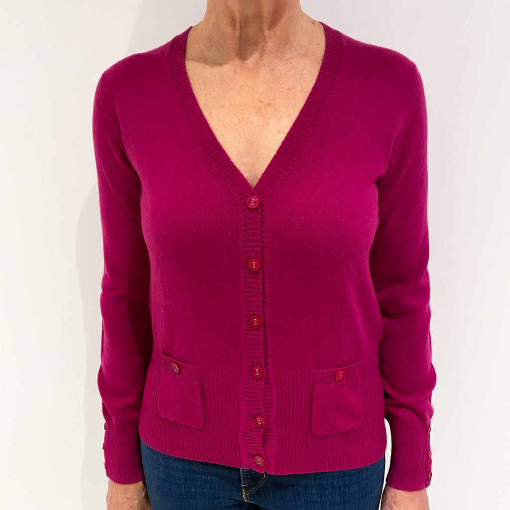 Fuchsia Pink Cashmere V Neck Cardigan with Pockets Medium