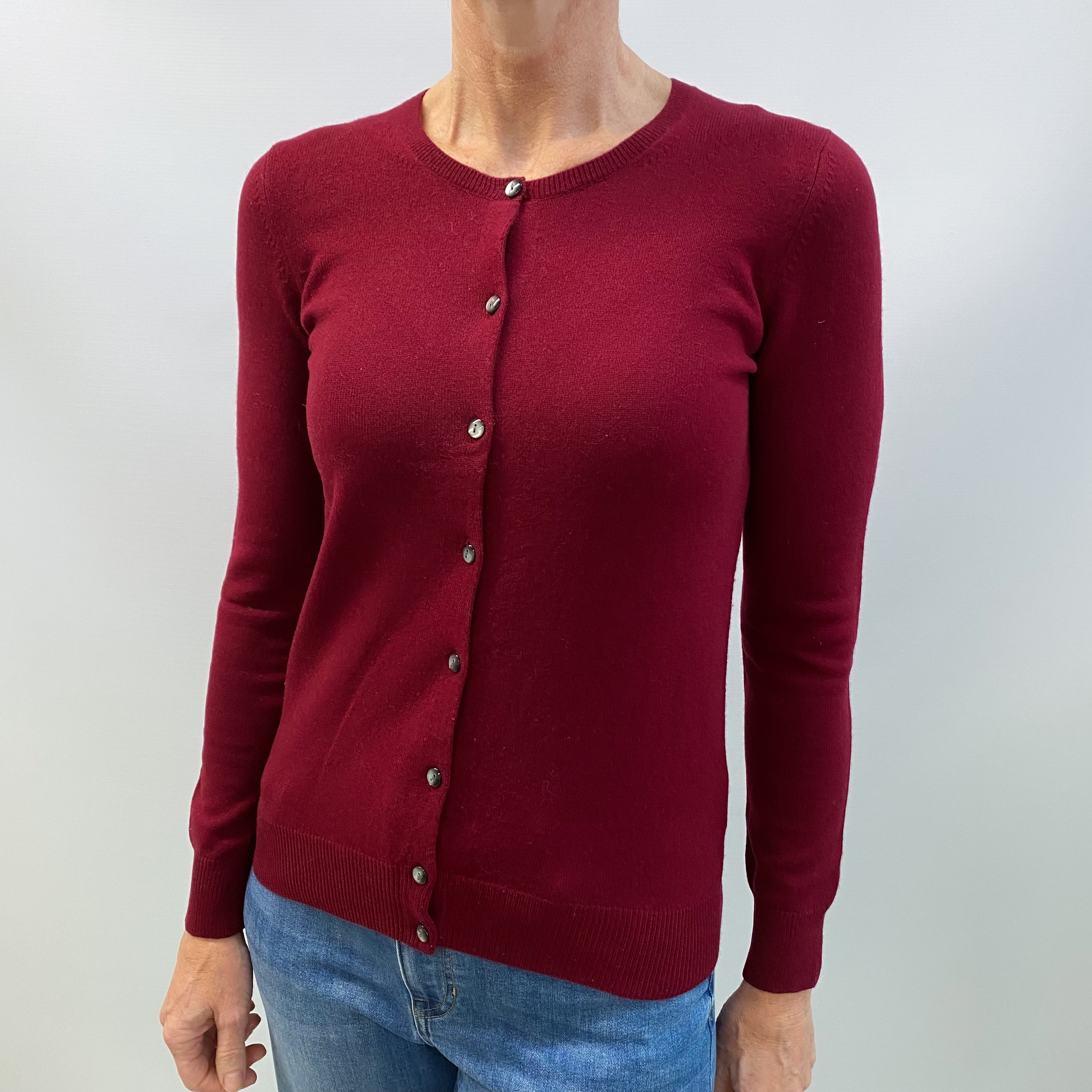 Burgundy Red Cashmere Crew Neck Cardigan Small