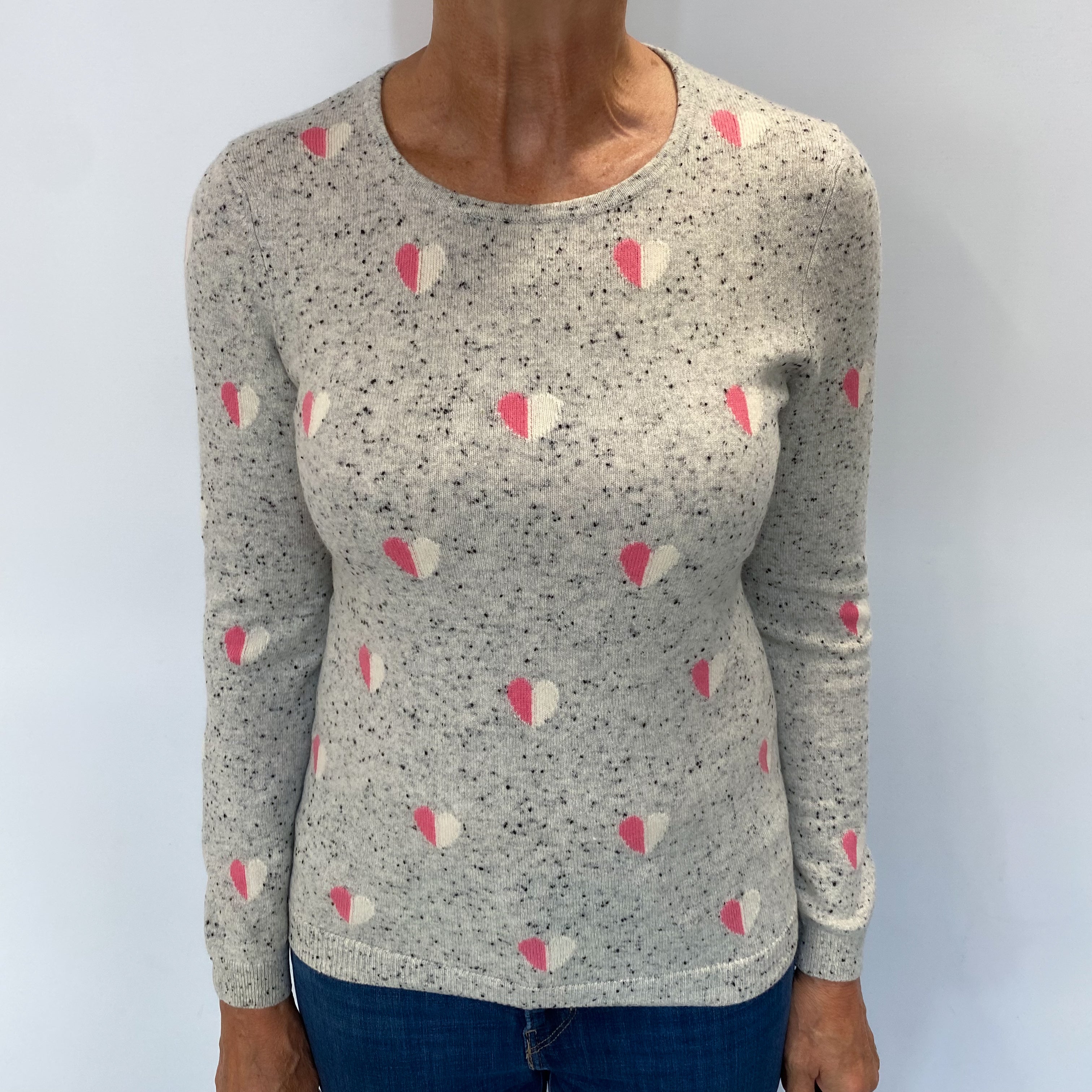 Grey Flecked Pink Heart Cashmere Crew Neck Jumper Medium