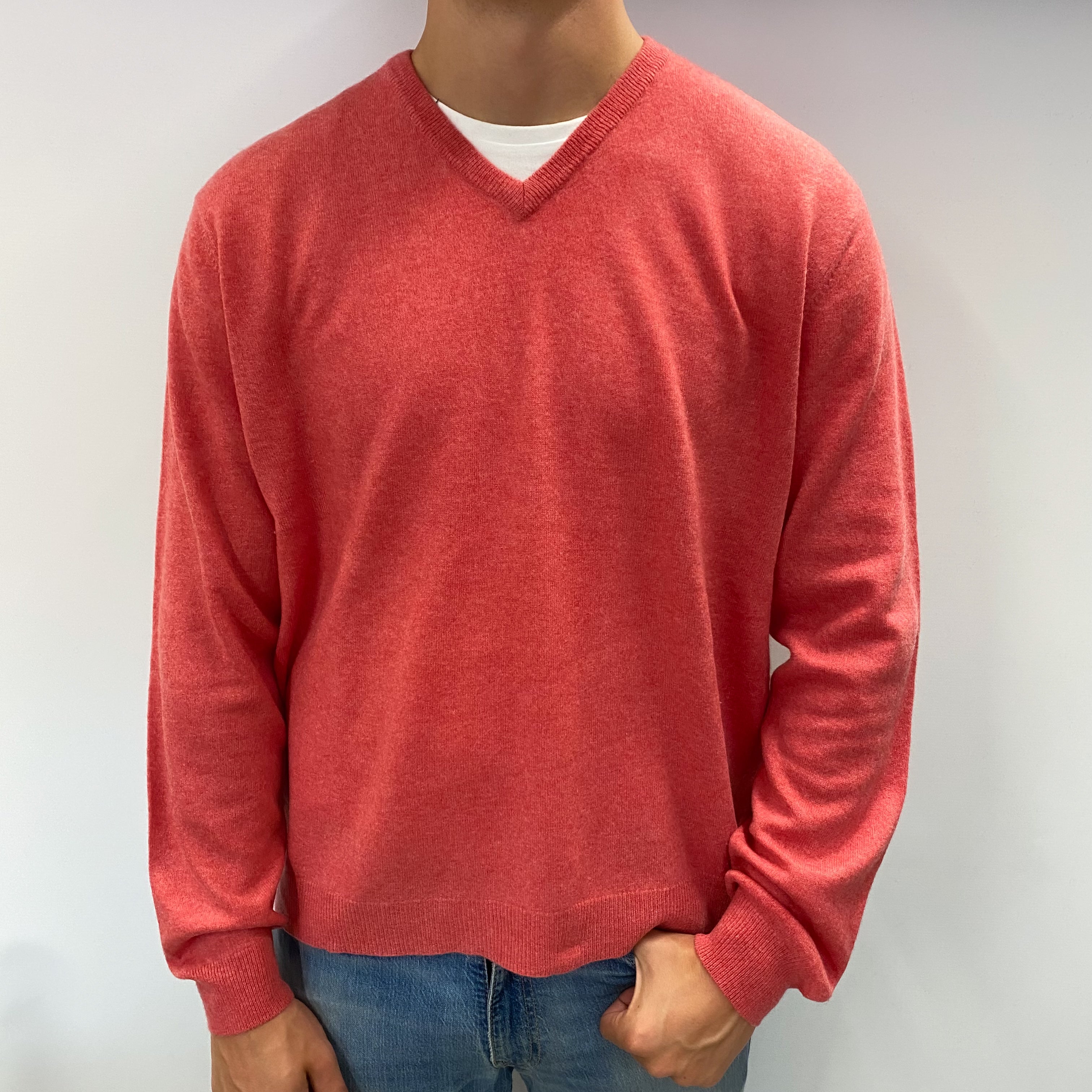 Men's Coral Pink Cashmere V Neck Jumper XXL