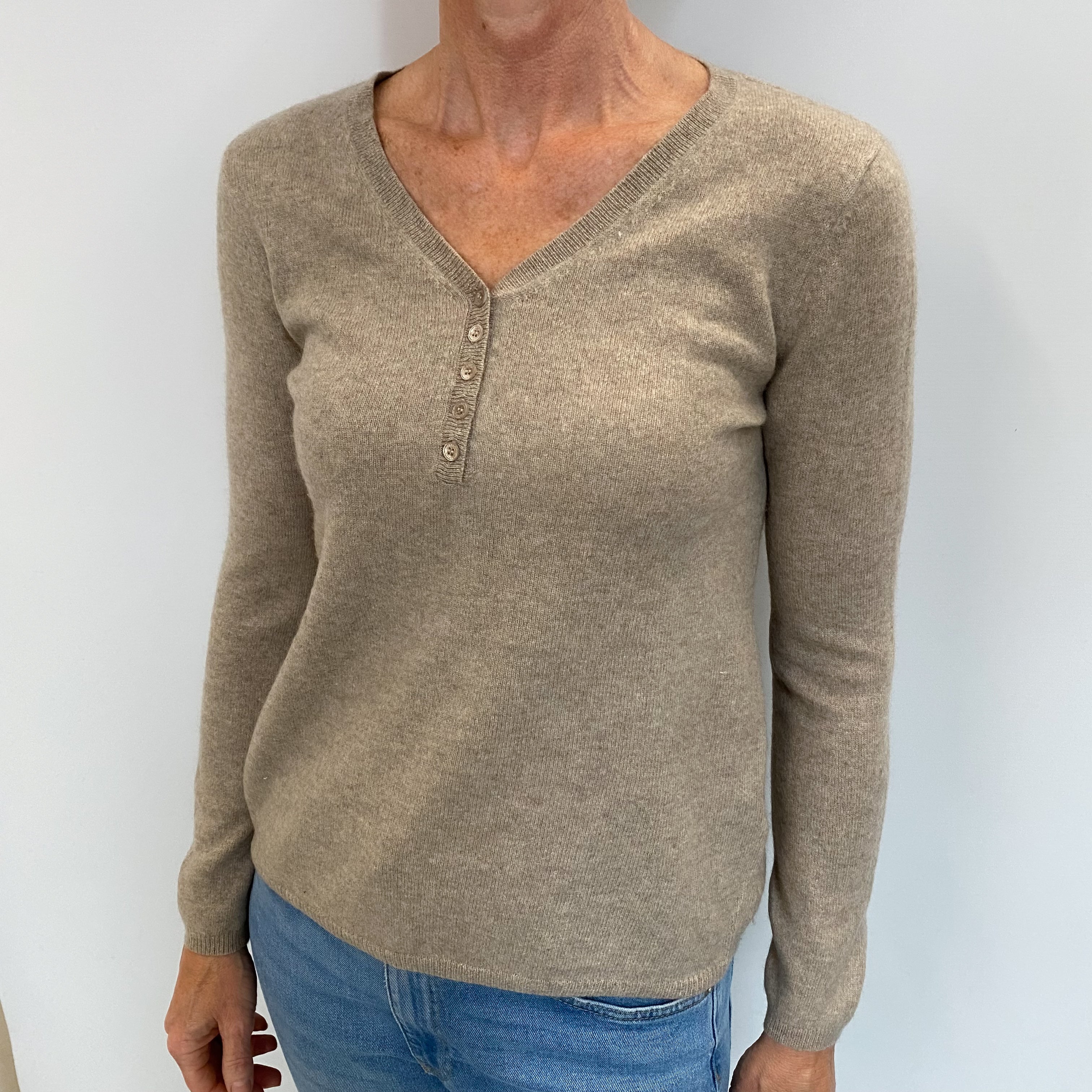 Mink Brown Cashmere 1/4 Buttoned V Neck Jumper Small