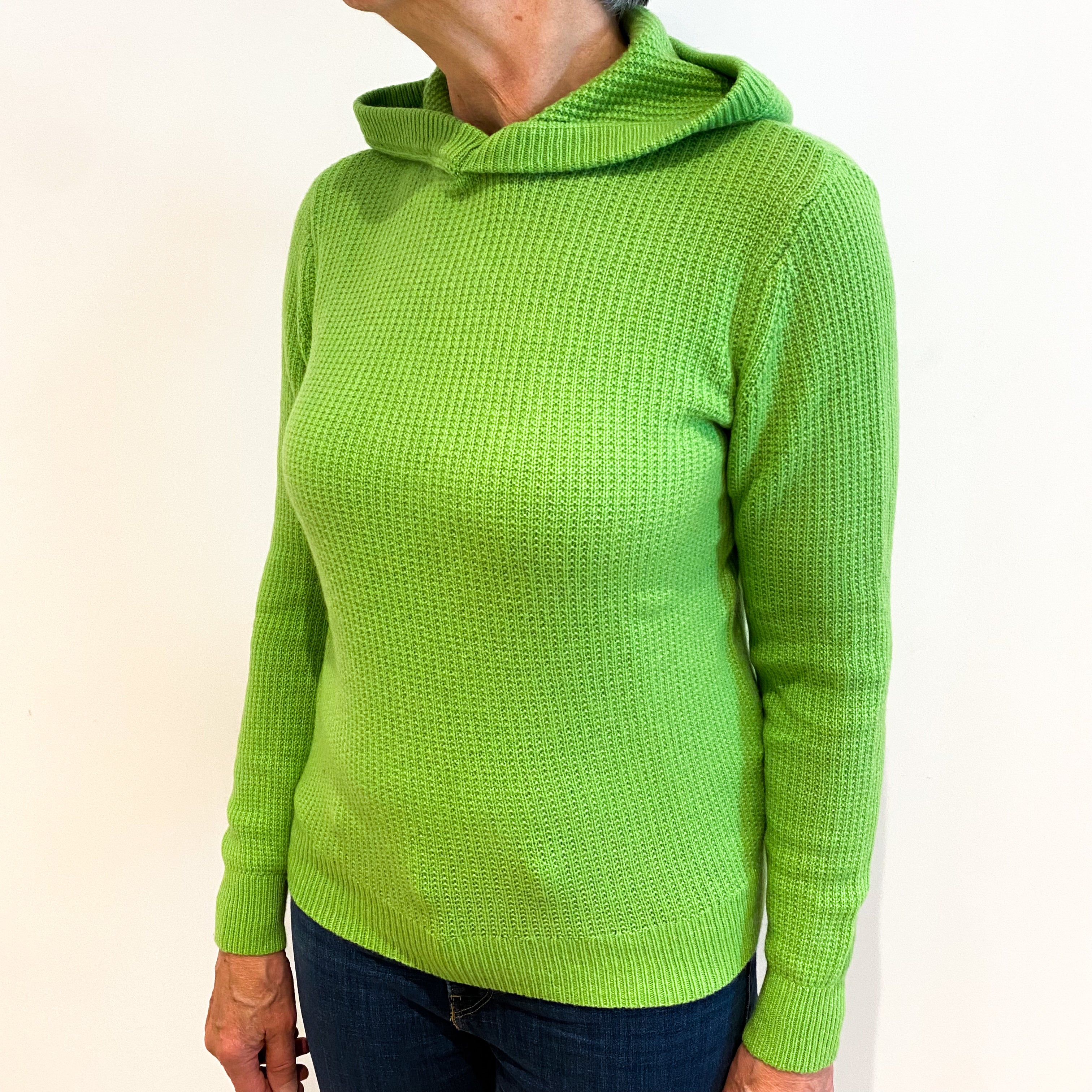 Neon Green Cashmere Waffle Knit Hoodie Jumper Medium