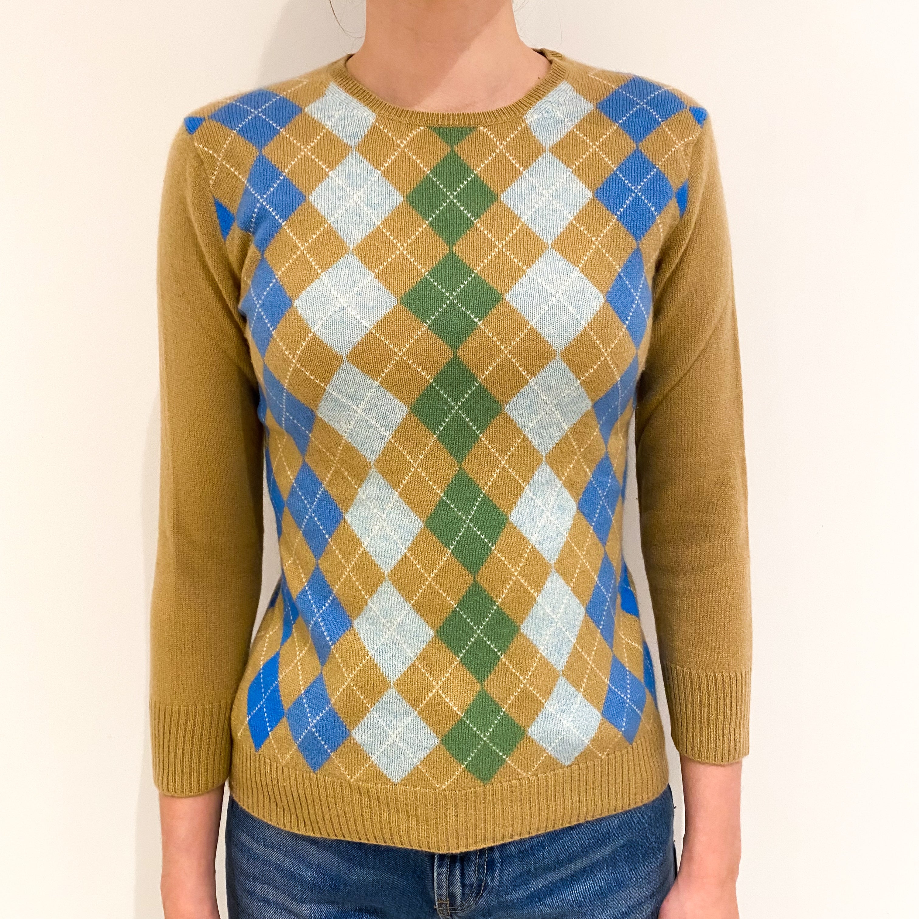 Camel, Blue and Green Argyle Cashmere Crew Neck Jumper Extra Small