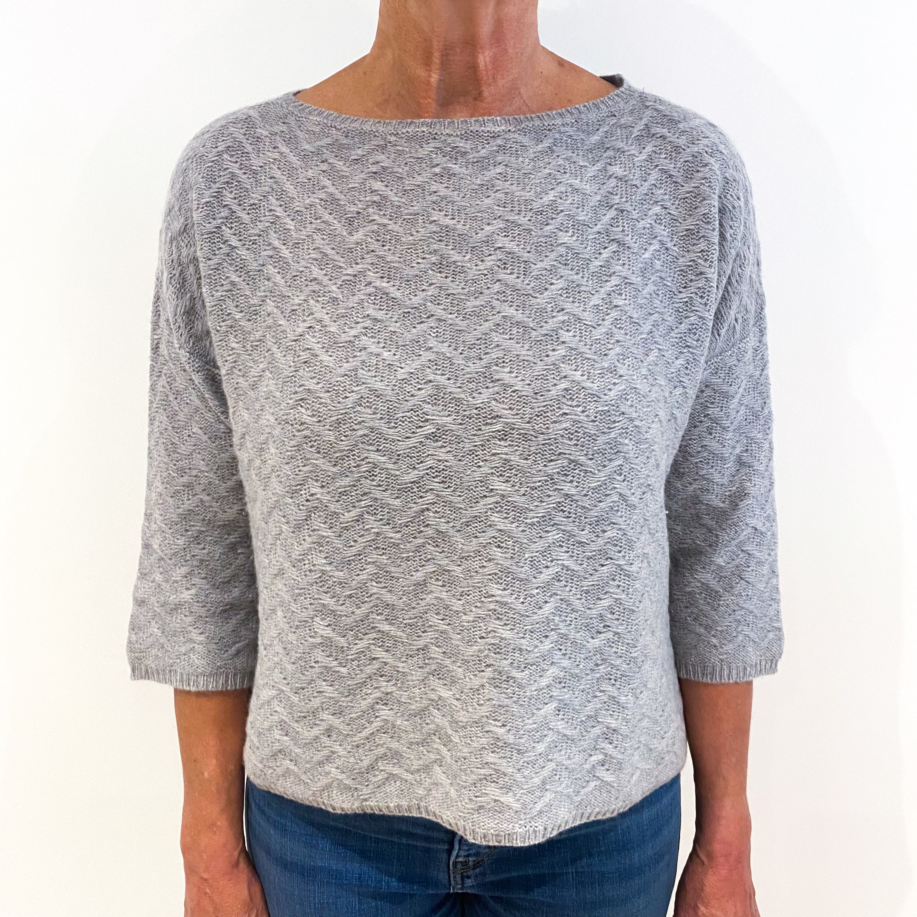 Smoke Grey Loose Fancy Knit Cashmere Crew Neck Jumper Medium