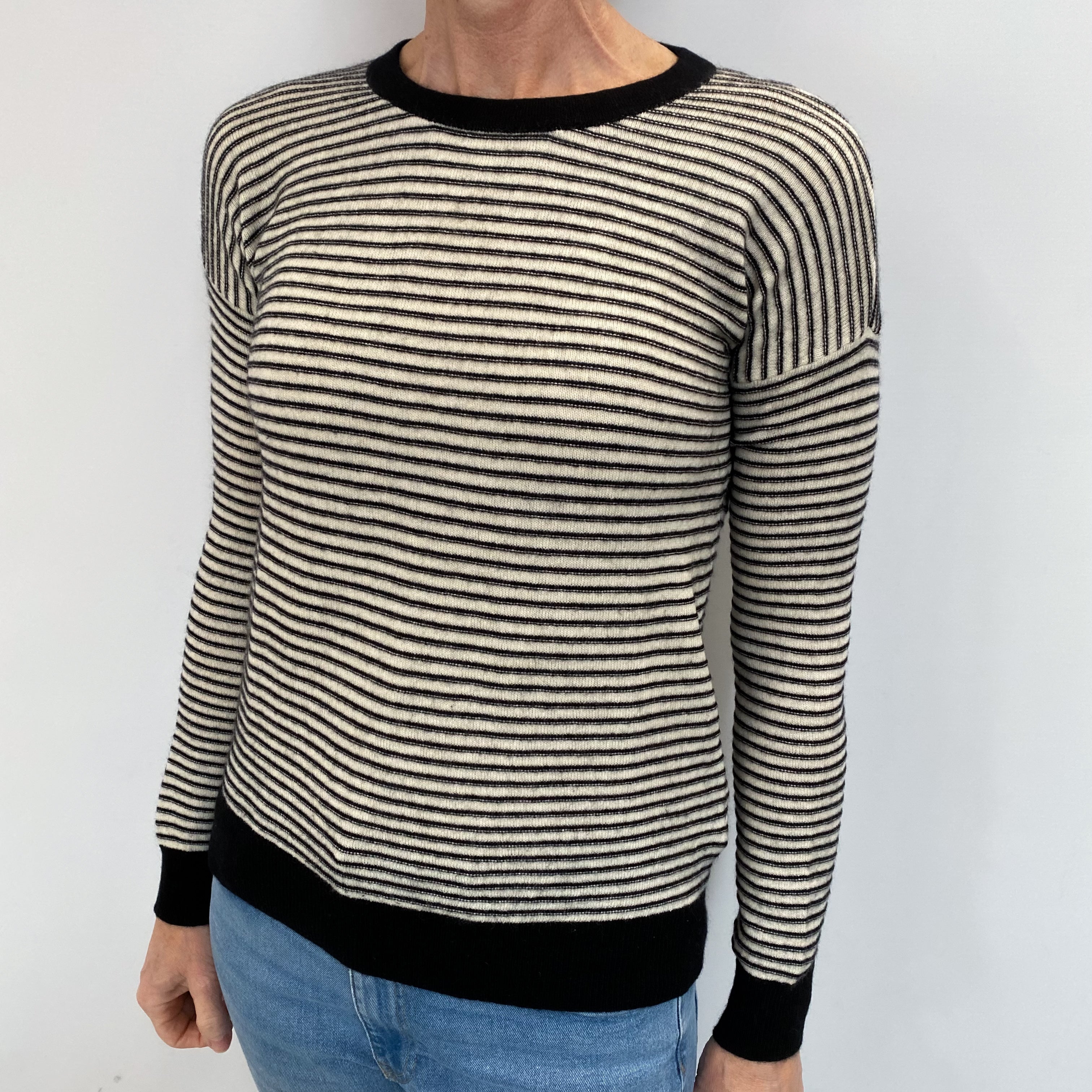 Black And Cream Striped Cashmere Crew Neck Jumper Small