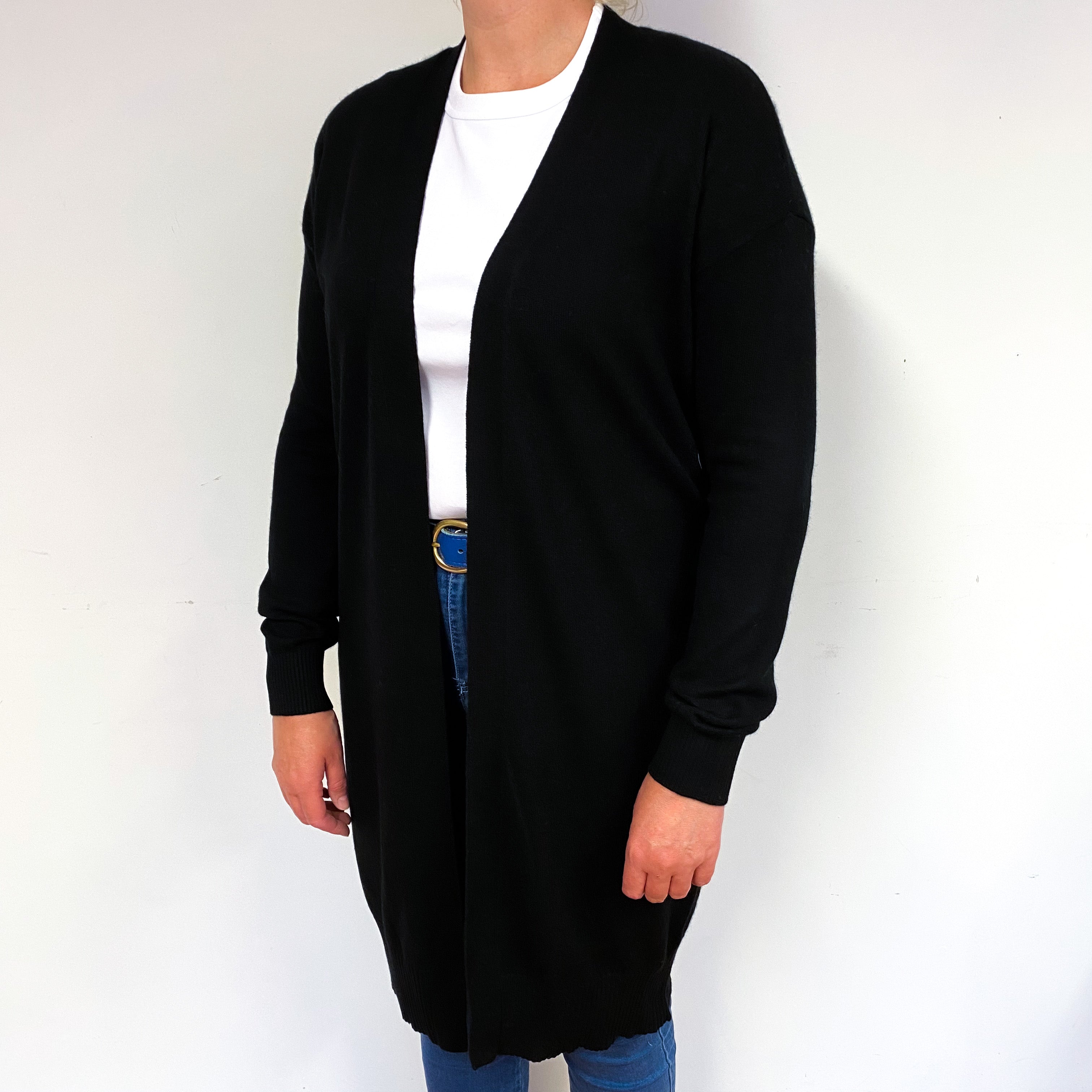 Black Longline Cashmere Edge to Edge Cardigan Large