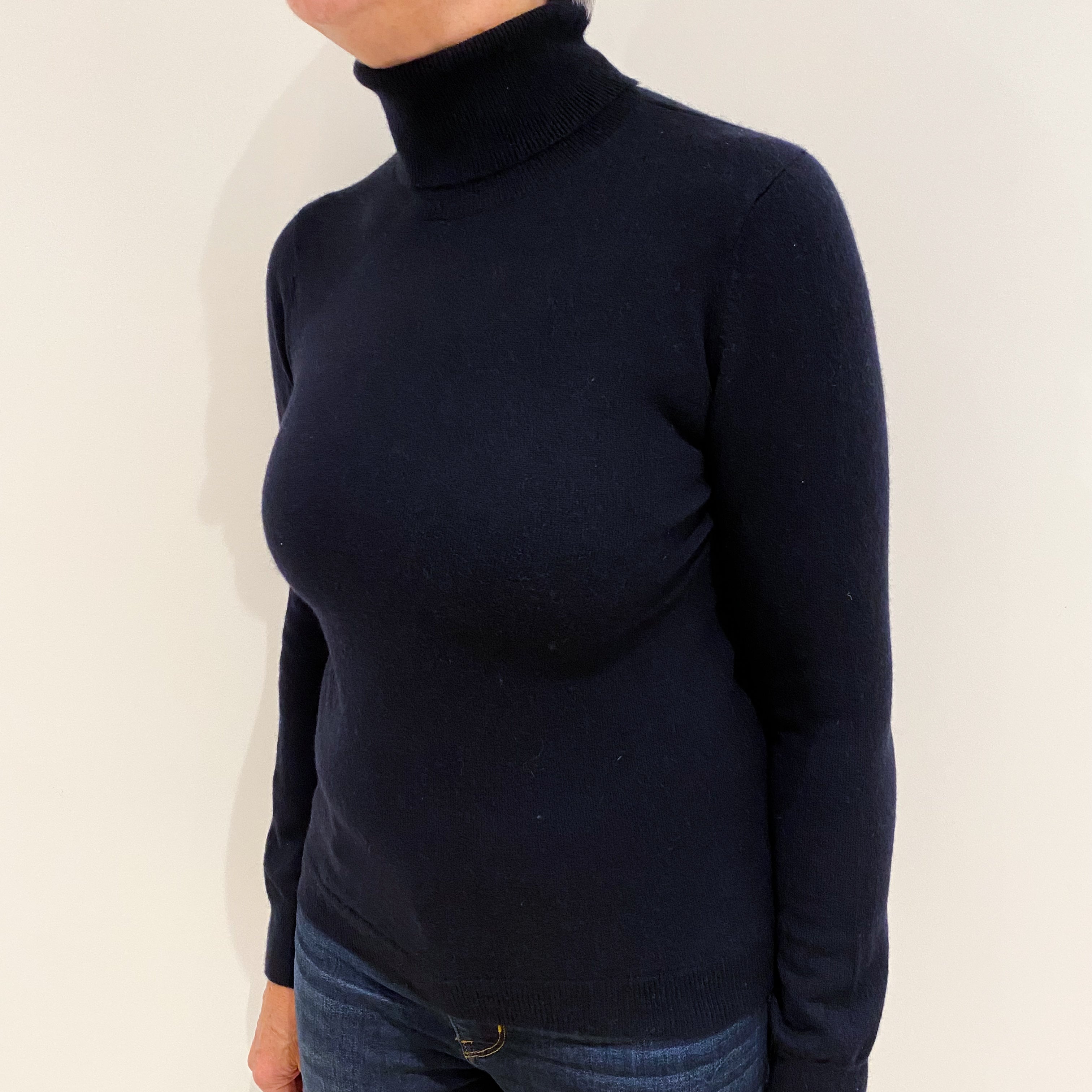 Navy Blue Cashmere Polo Neck Jumper Medium
