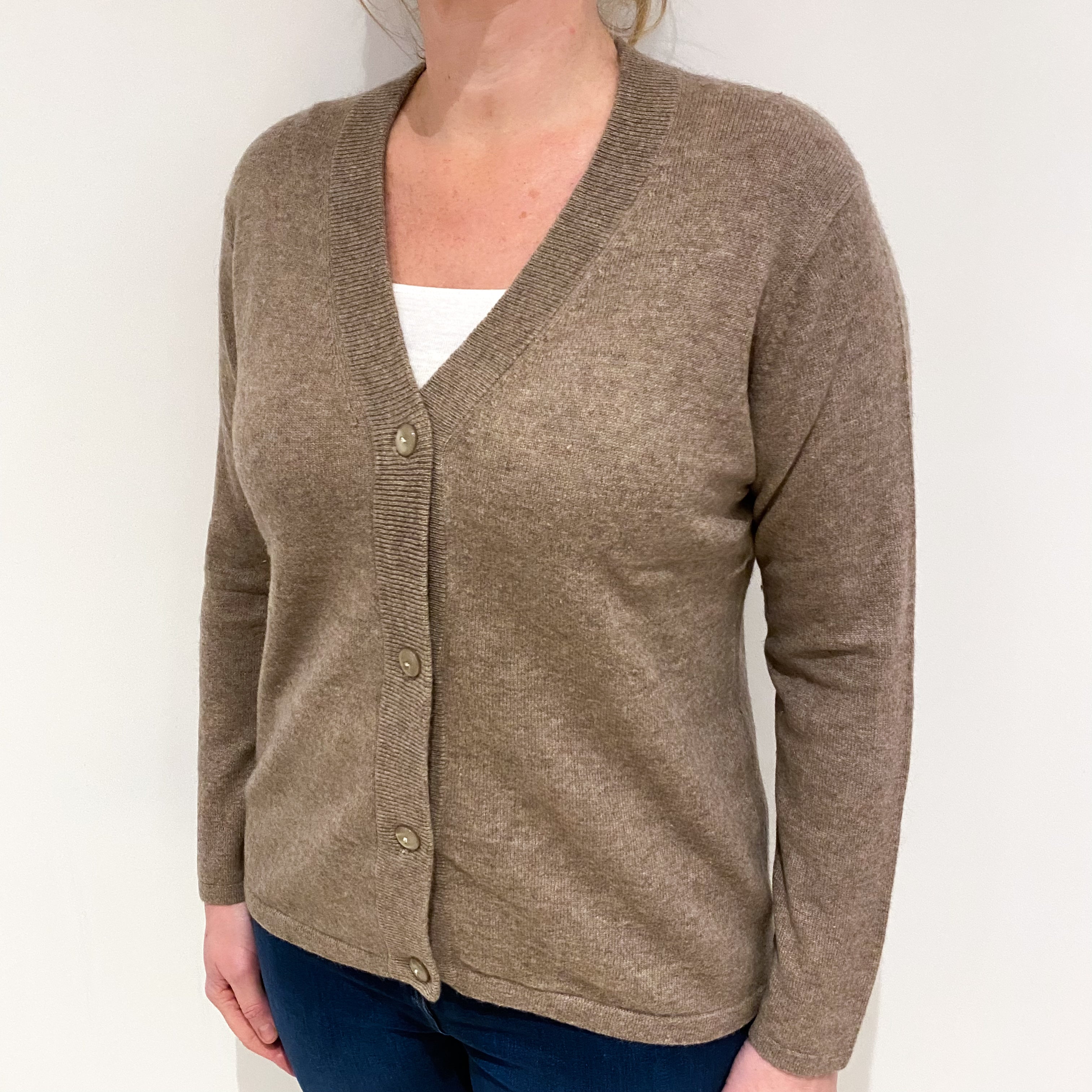 Taupe Brown Cashmere V Neck Cardigan Large