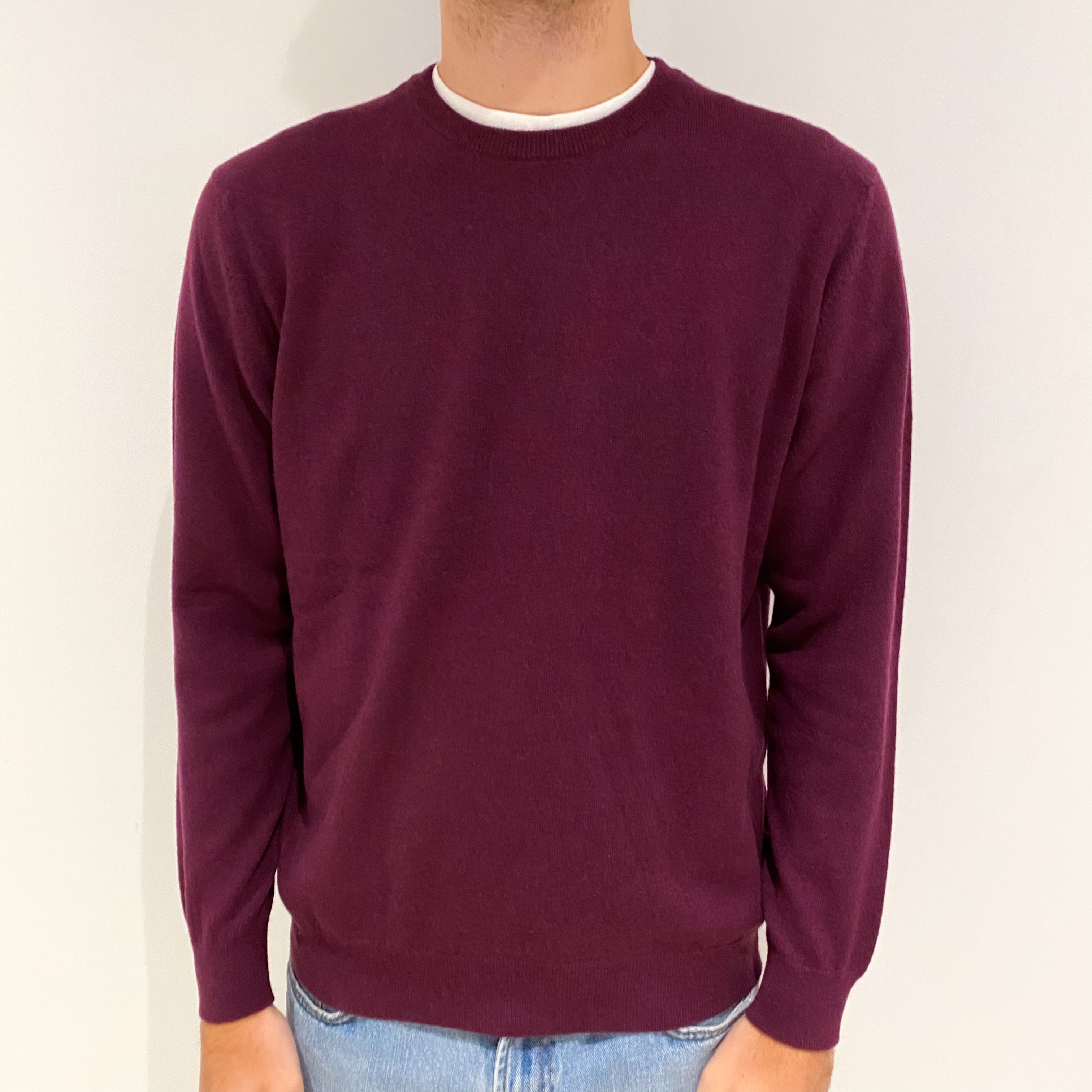 Men's New Plum Purple Cashmere Crew Neck Jumper Large