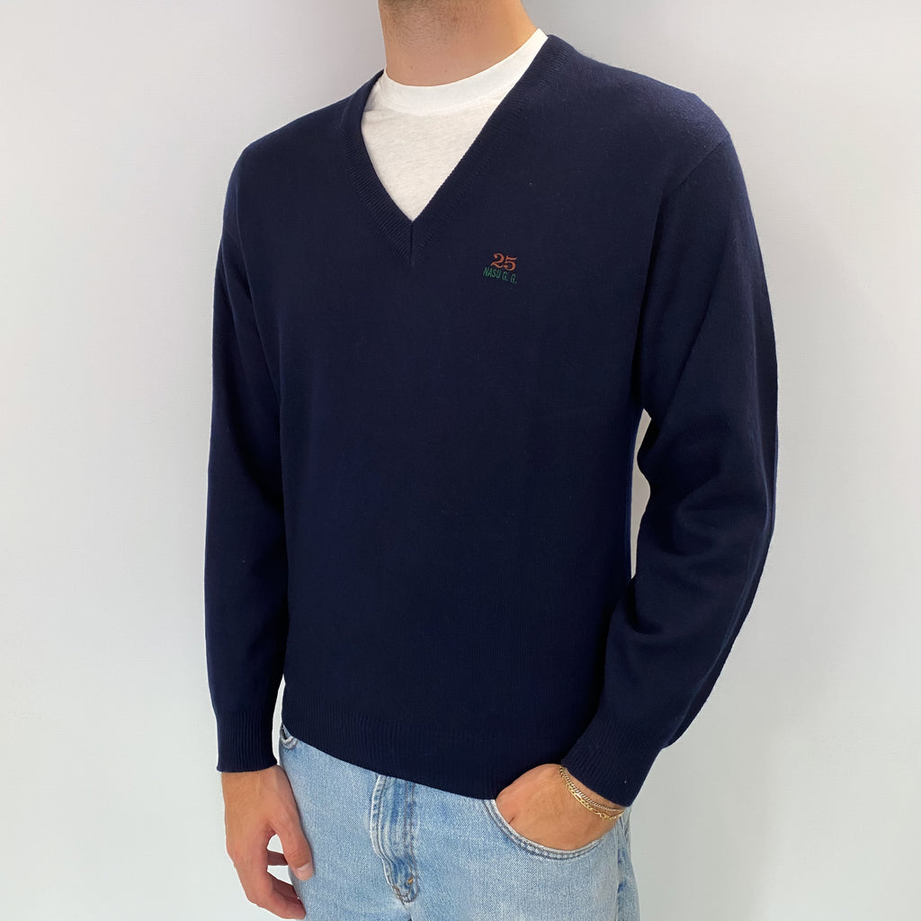 Men's Navy Blue Cashmere V Neck Jumper Medium