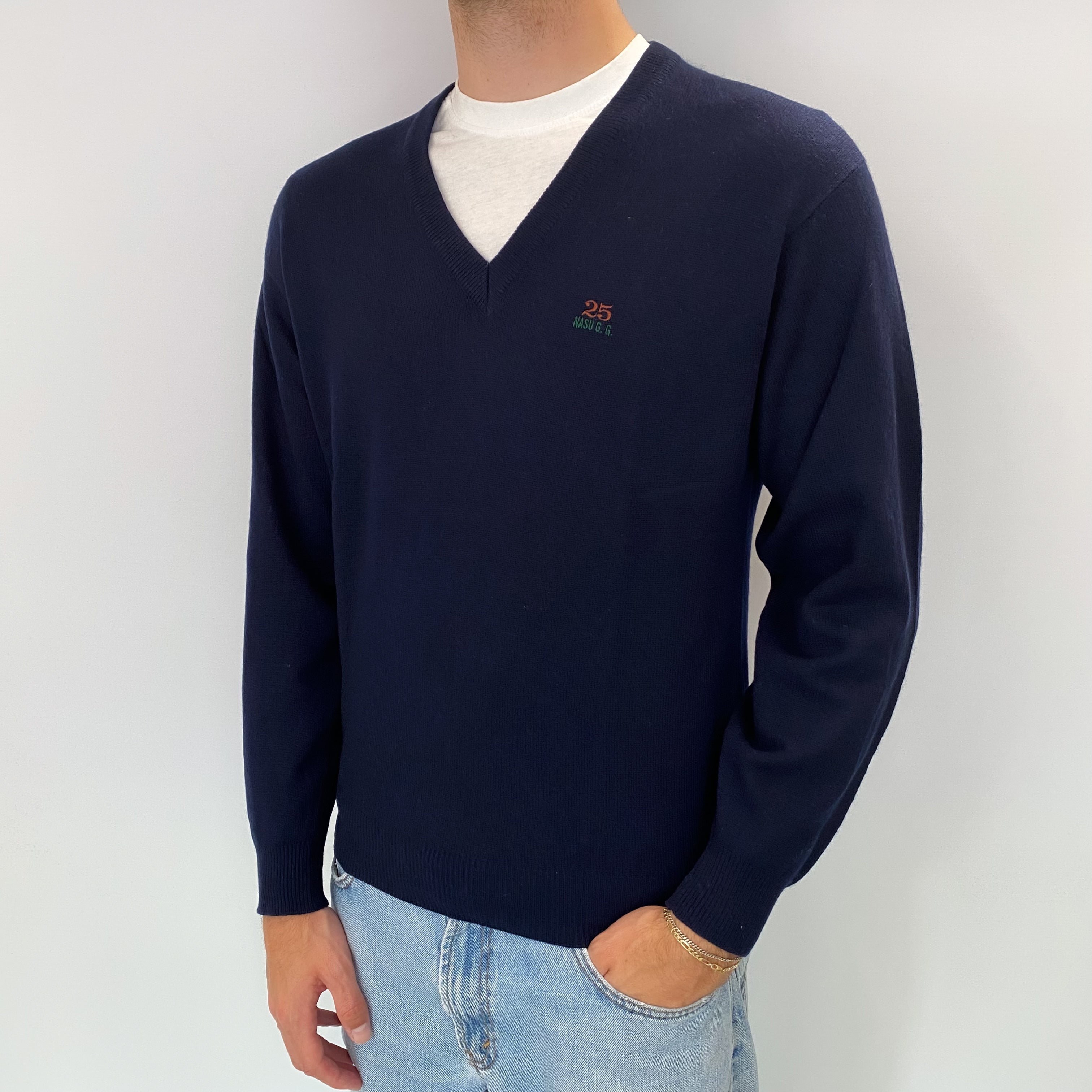 Men's Navy Blue Cashmere V Neck Jumper Medium