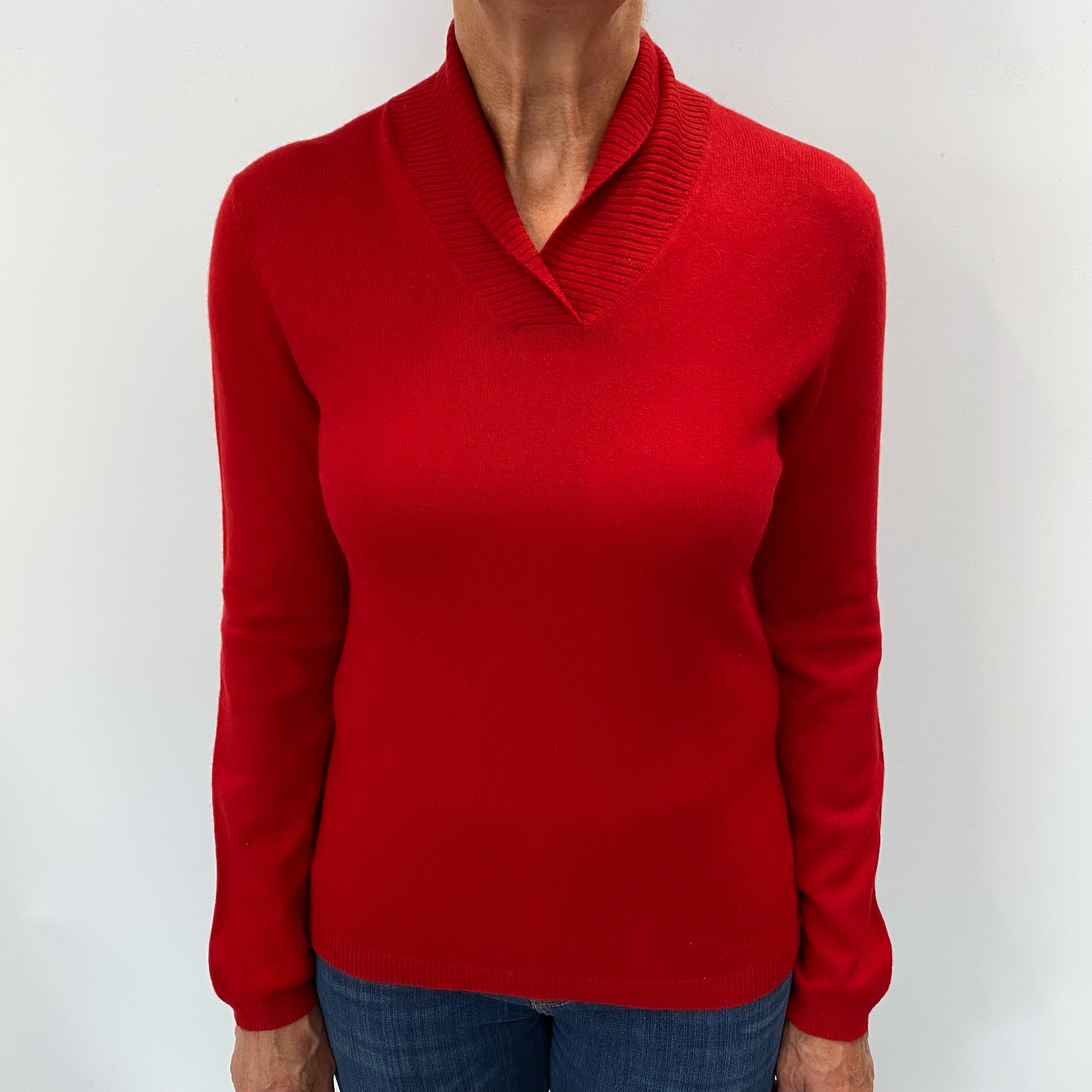Scarlet Red Cashmere Shawl Collar V Neck Jumper Medium