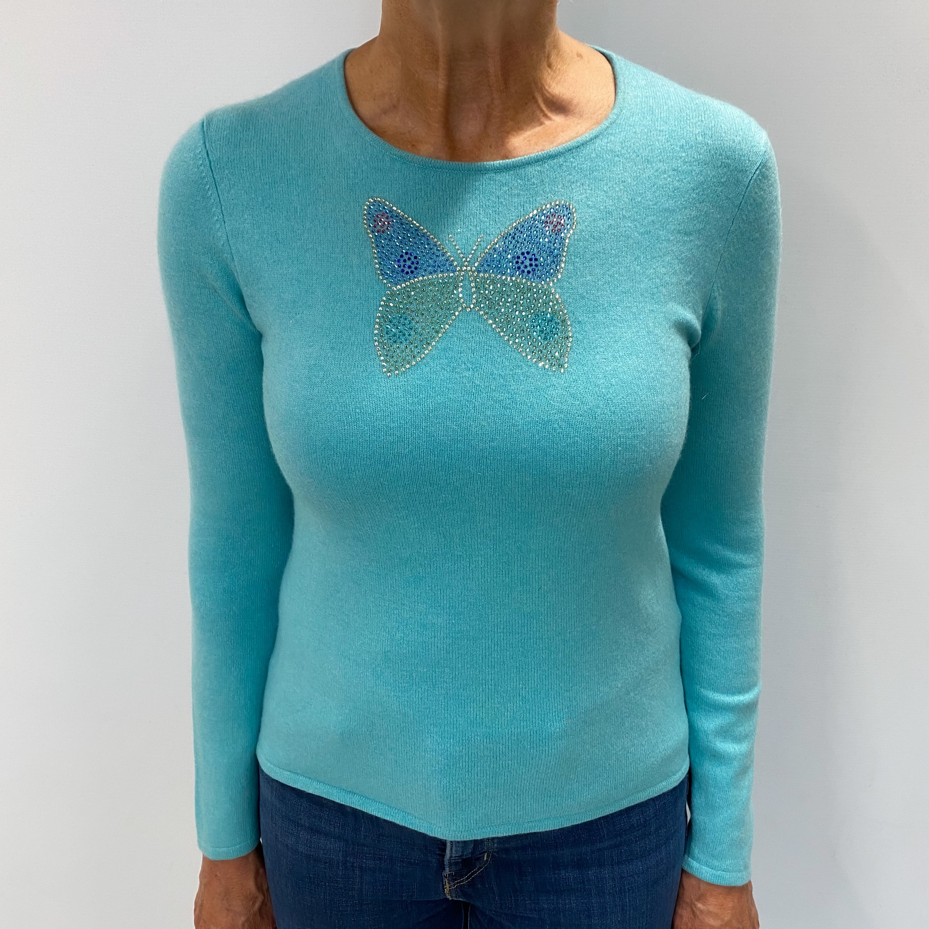 Aquamarine Diamanté Butterfly Cashmere Crew Neck Jumper Medium