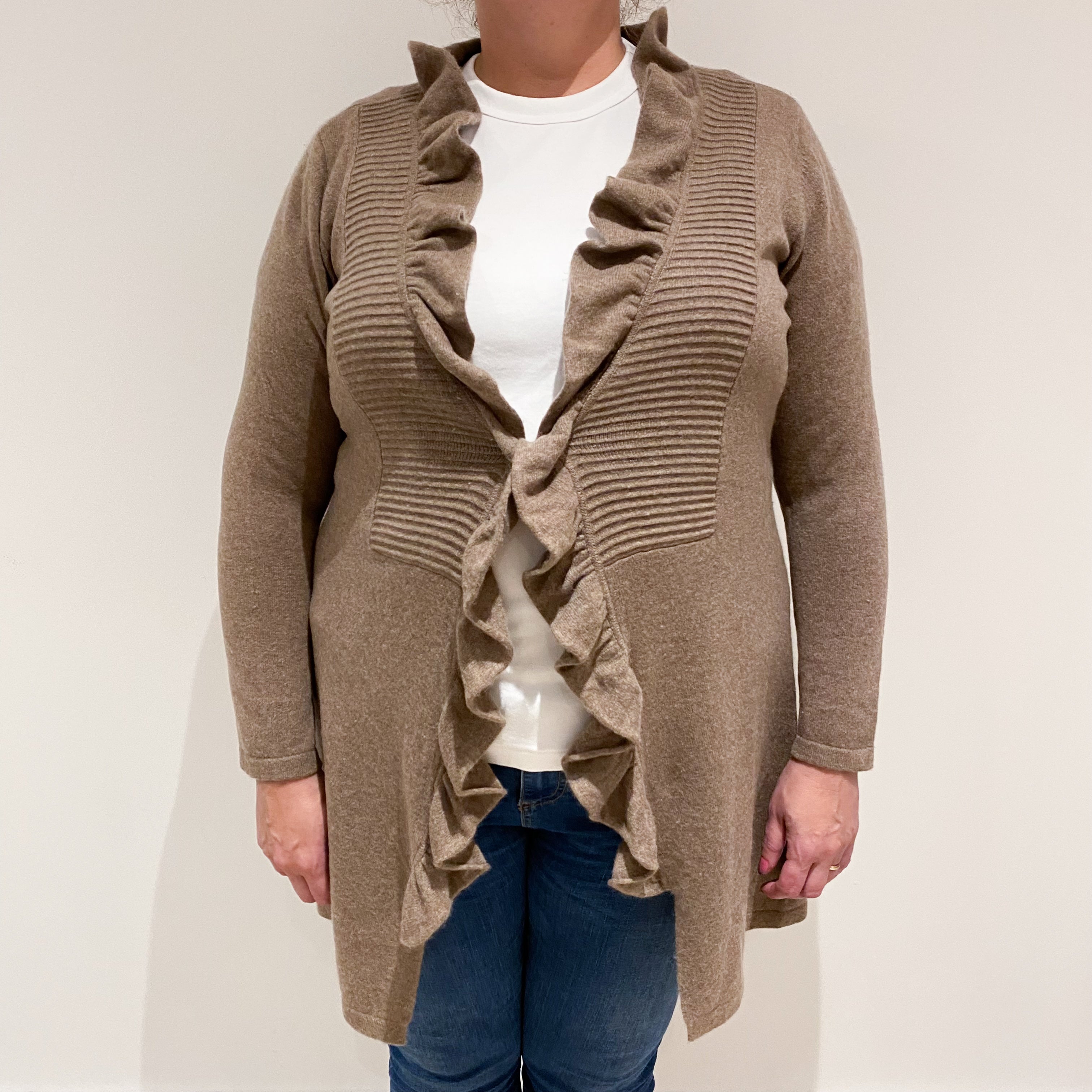 Toffee Brown Frill Front Cashmere Longline Cardigan Extra Large