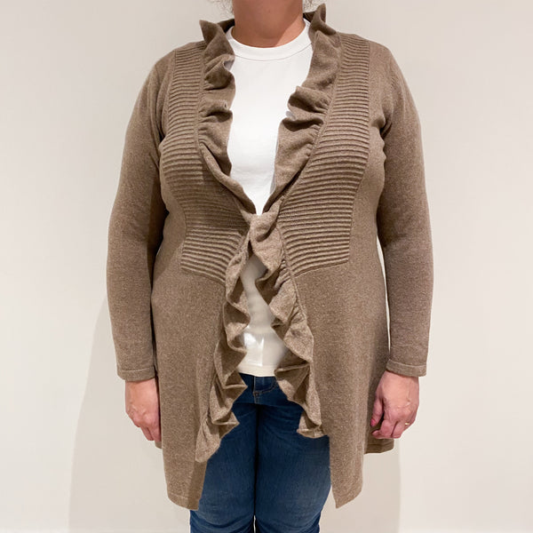 Toffee Brown Frill Front Cashmere Longline Cardigan Extra Large