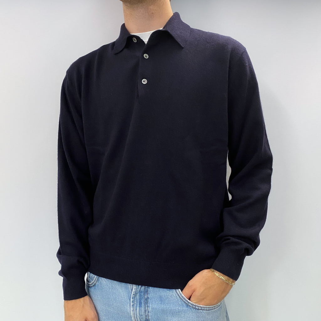 Men's Navy Blue Cashmere Polo Neck Collar Jumper Large
