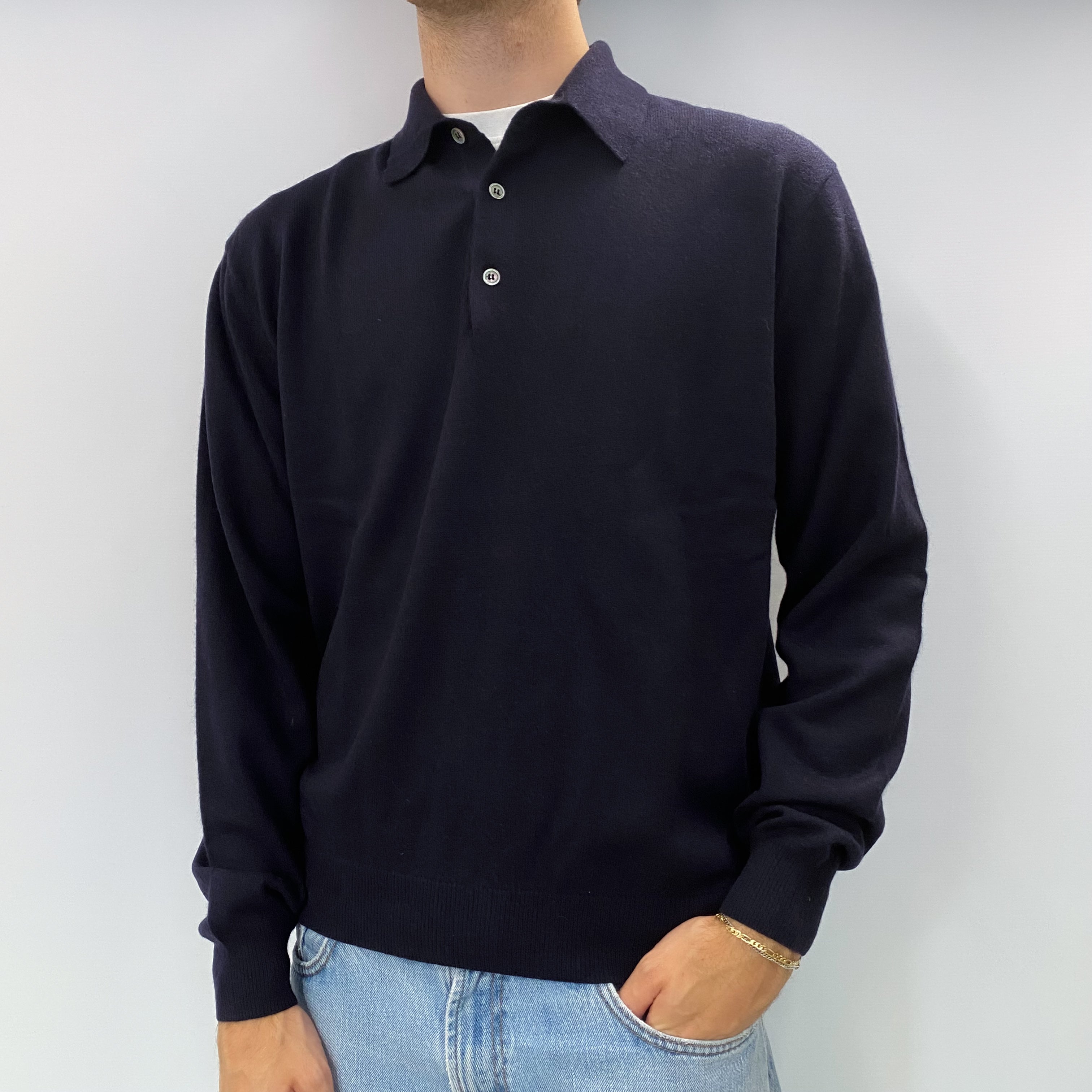 Men's Navy Blue Cashmere Polo Neck Collar Jumper Large