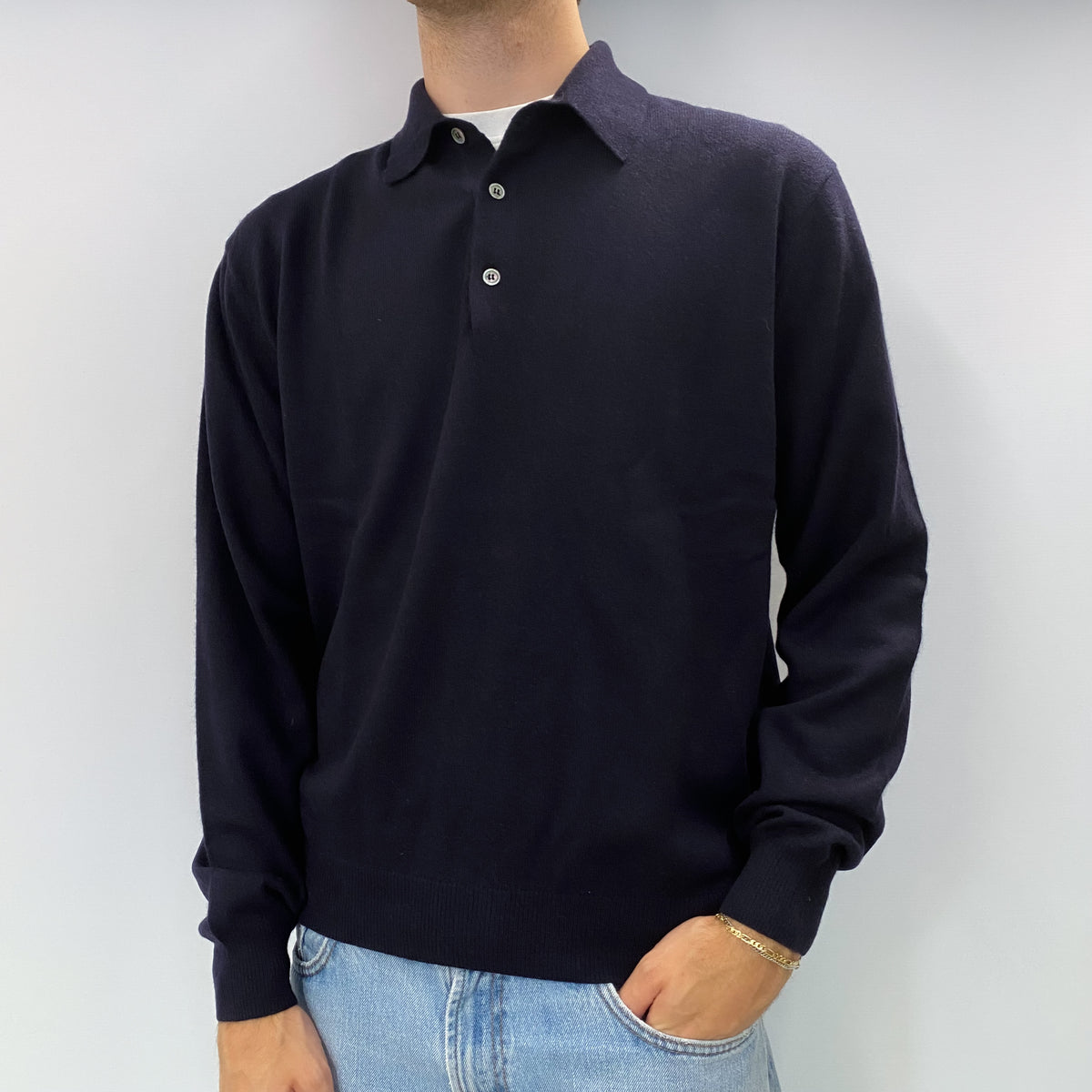 Men's Navy Blue Cashmere Polo Neck Collar Jumper Large