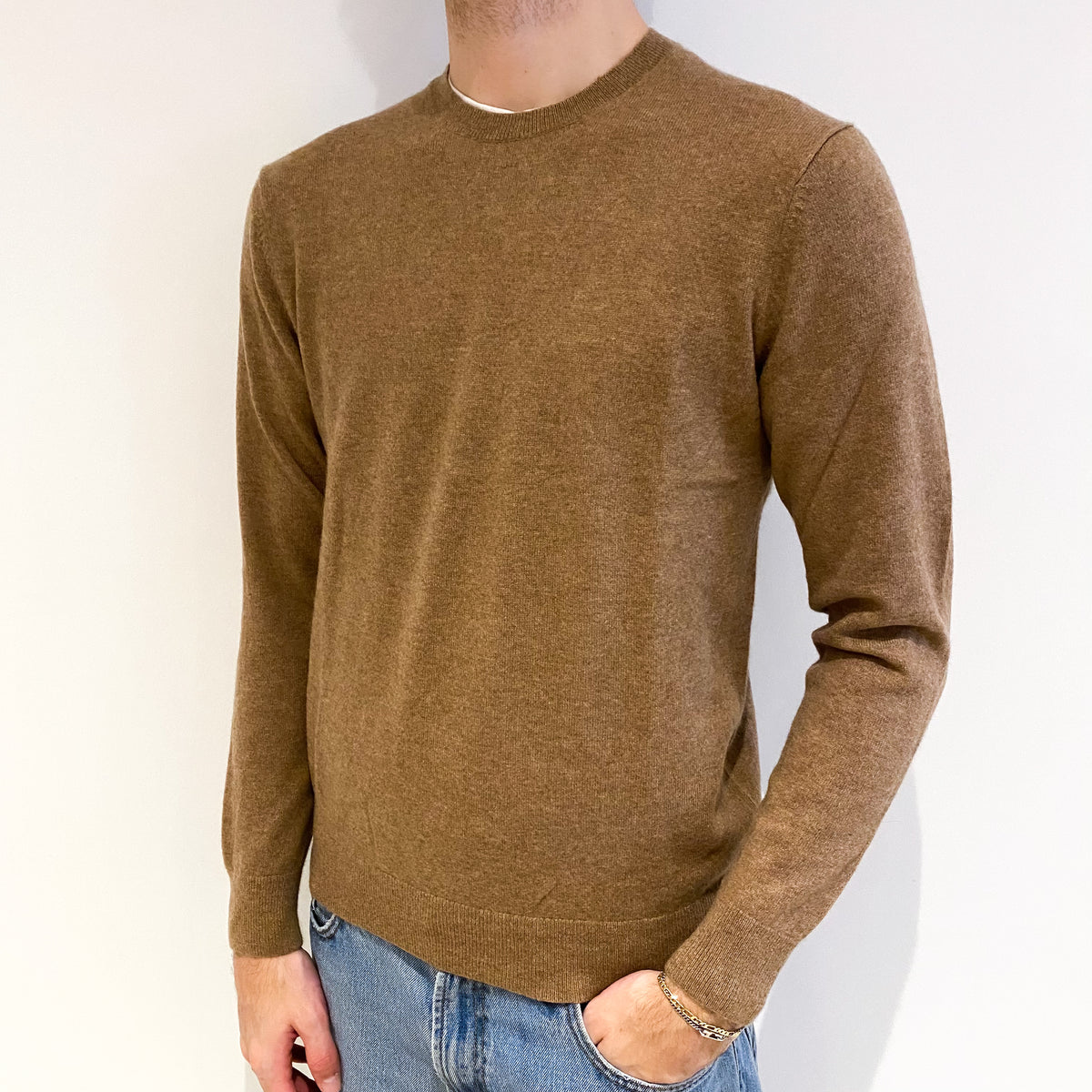 Men's Butterscotch Brown Cashmere Crew Neck Jumper Large