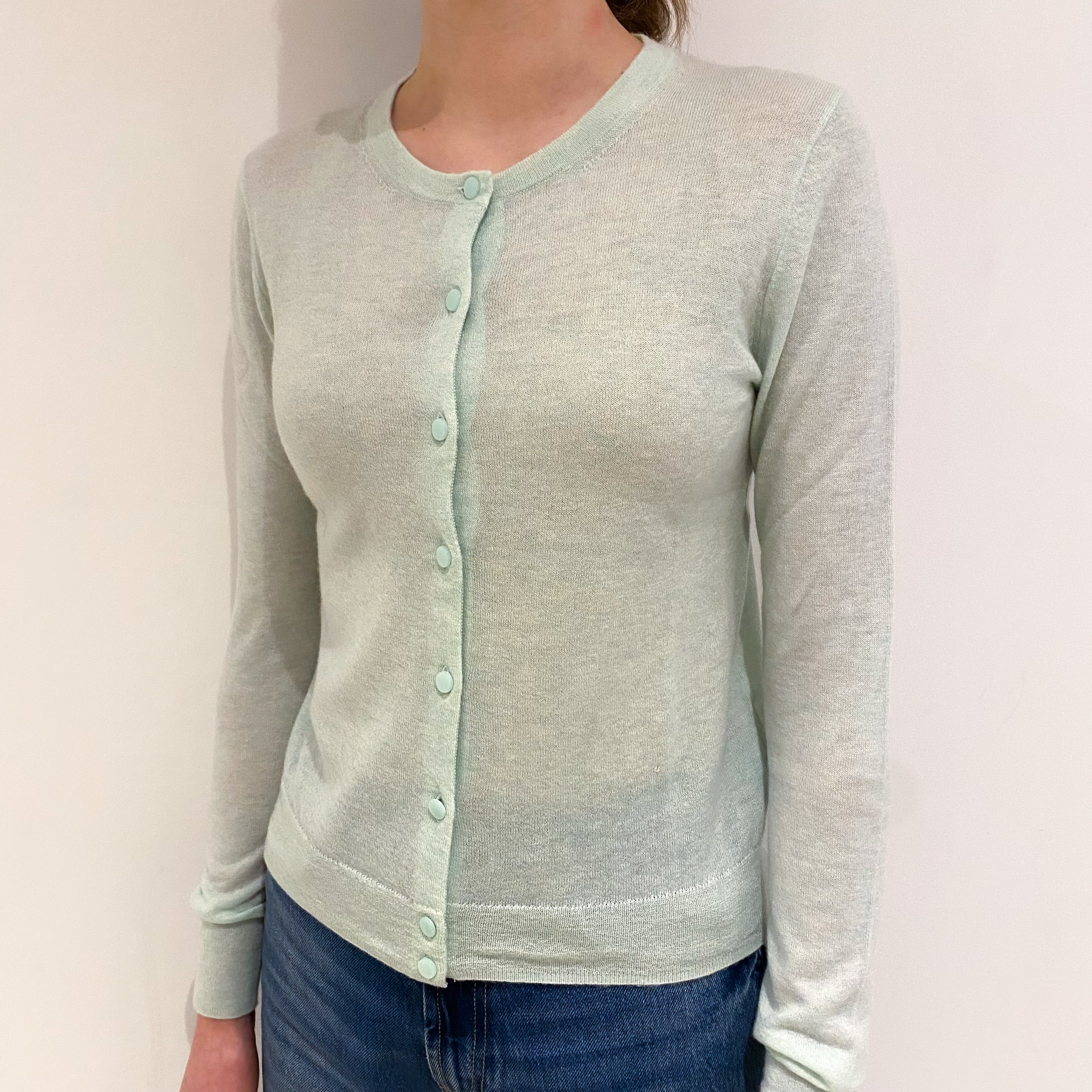 Palest Mint Green Fine Knit Cashmere Crew Neck Cardigan Extra Small