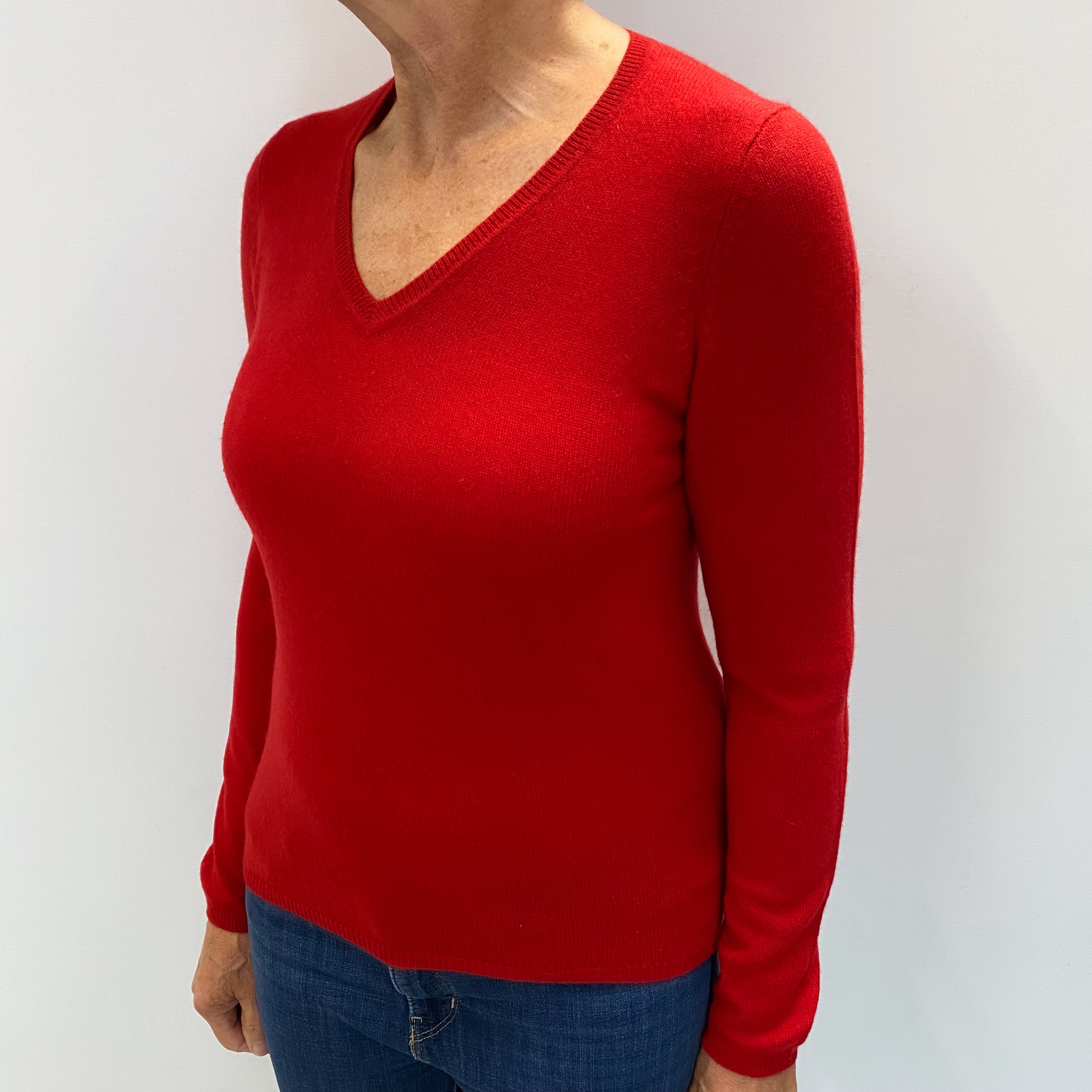 Post Box Red Cashmere V Neck Jumper Medium