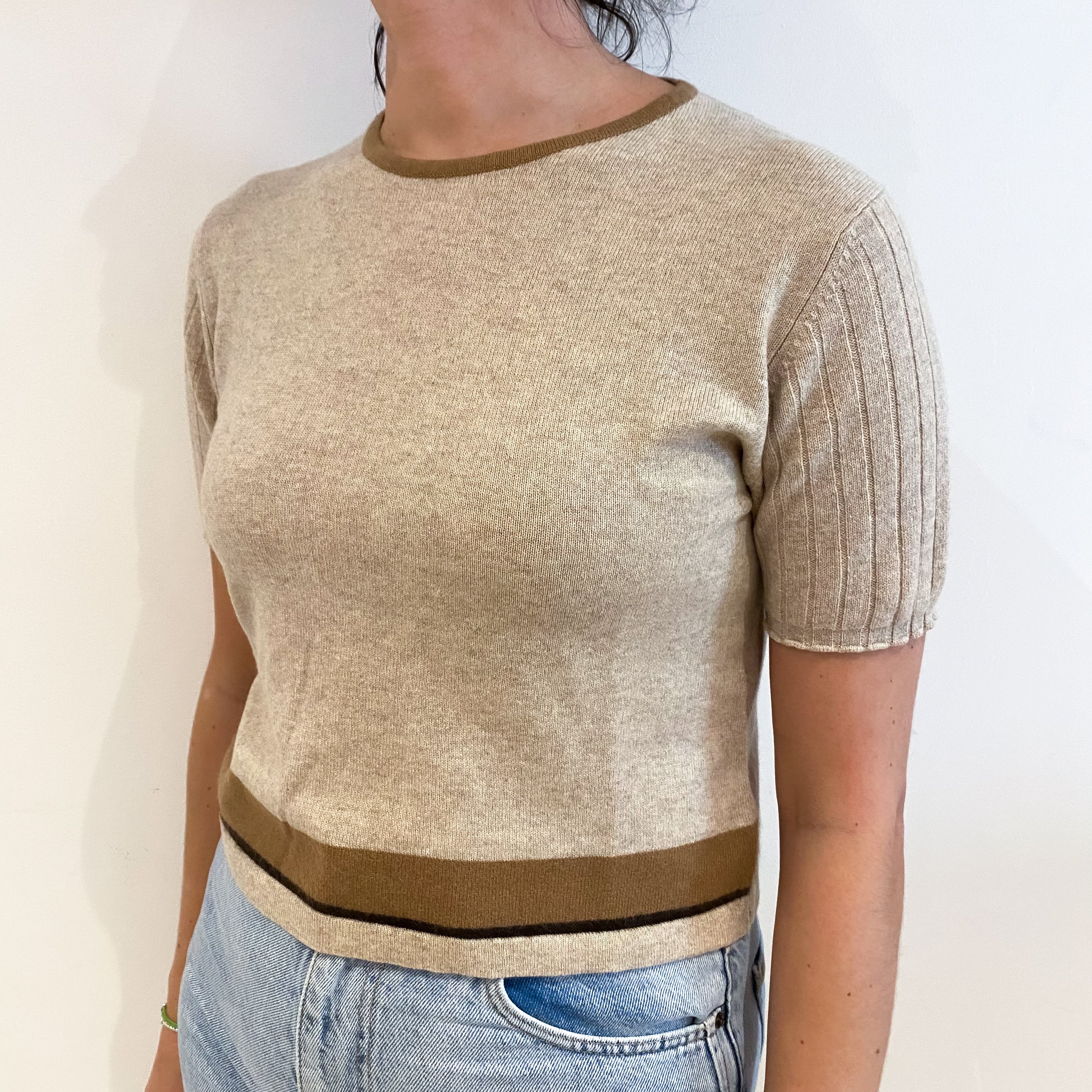 Honey Beige With Brown Trim Cashmere Crew Neck Short Sleeved Jumper Small