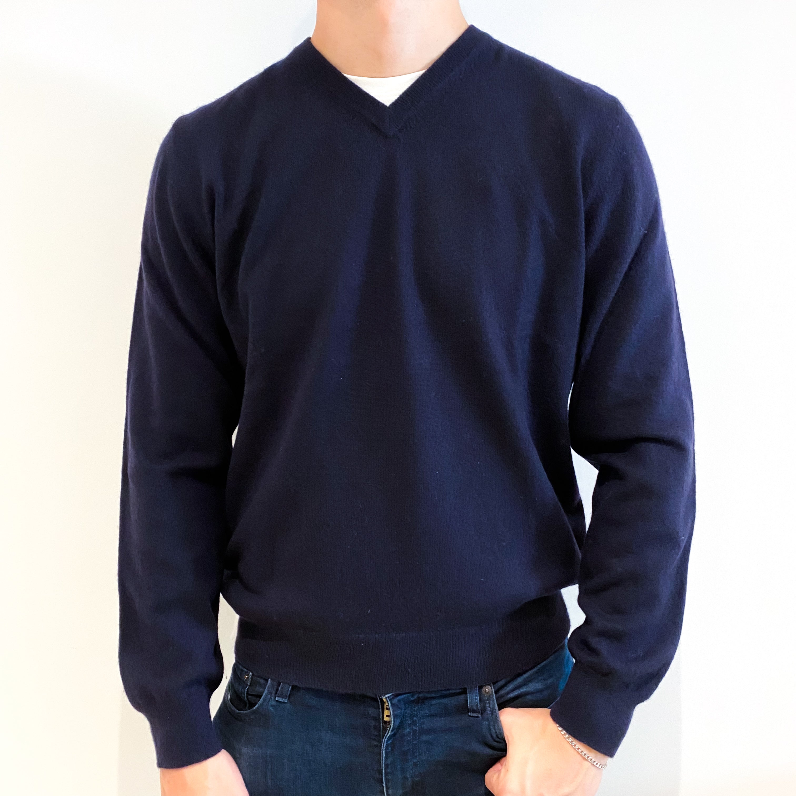 Men's Navy Blue Cashmere V-Neck Jumper Extra Large