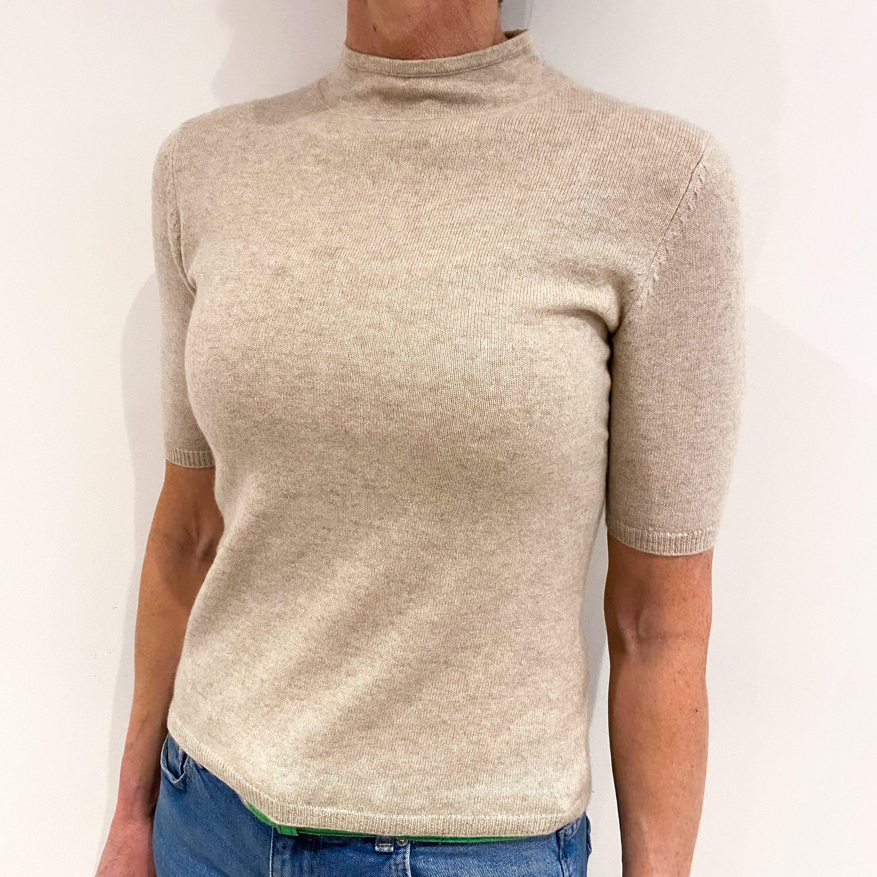 Oatmeal Beige Short Sleeved Cashmere Turtle Neck Jumper Small