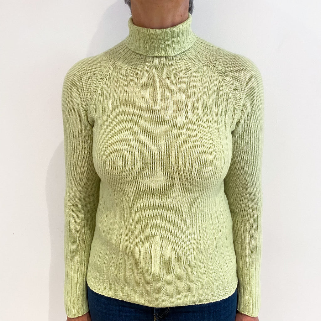 Pistachio Green Rib Detail Cashmere Polo Neck Jumper Medium