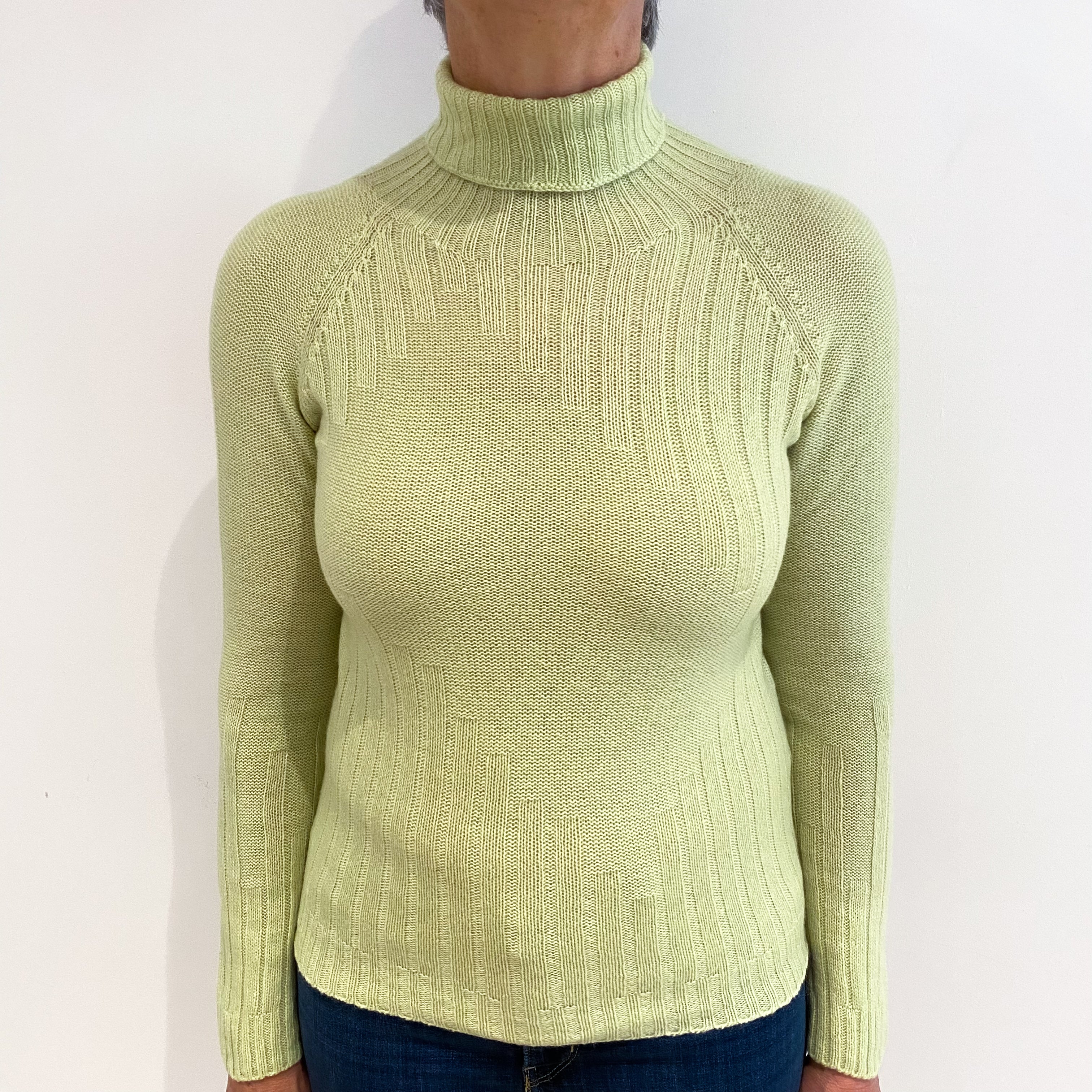 Pistachio Green Rib Detail Cashmere Polo Neck Jumper Medium