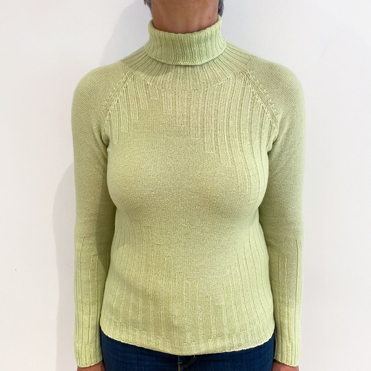 Pistachio Green Rib Detail Cashmere Polo Neck Jumper Medium