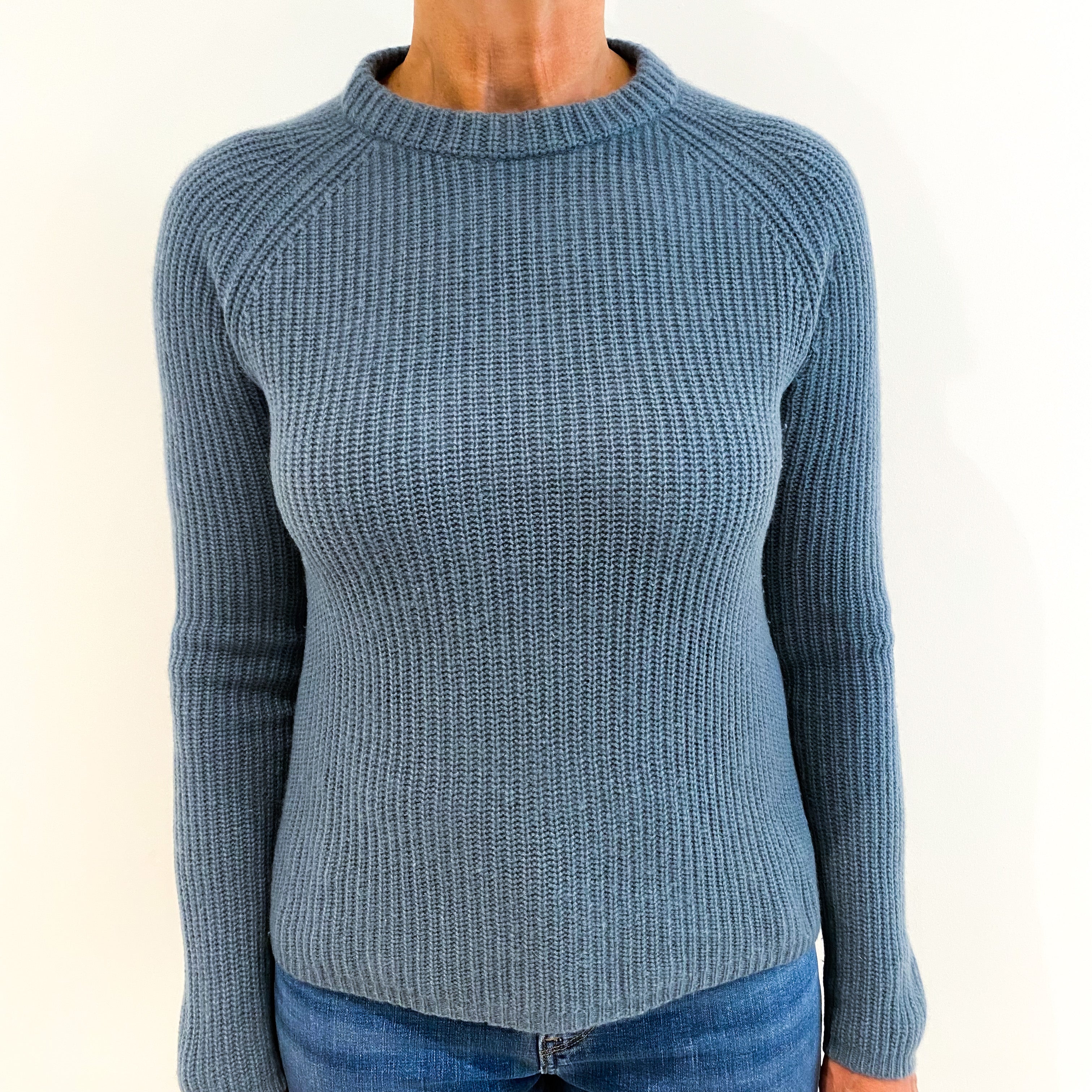 Airforce Blue Chunky Ribbed Cashmere Crew Neck Jumper Medium