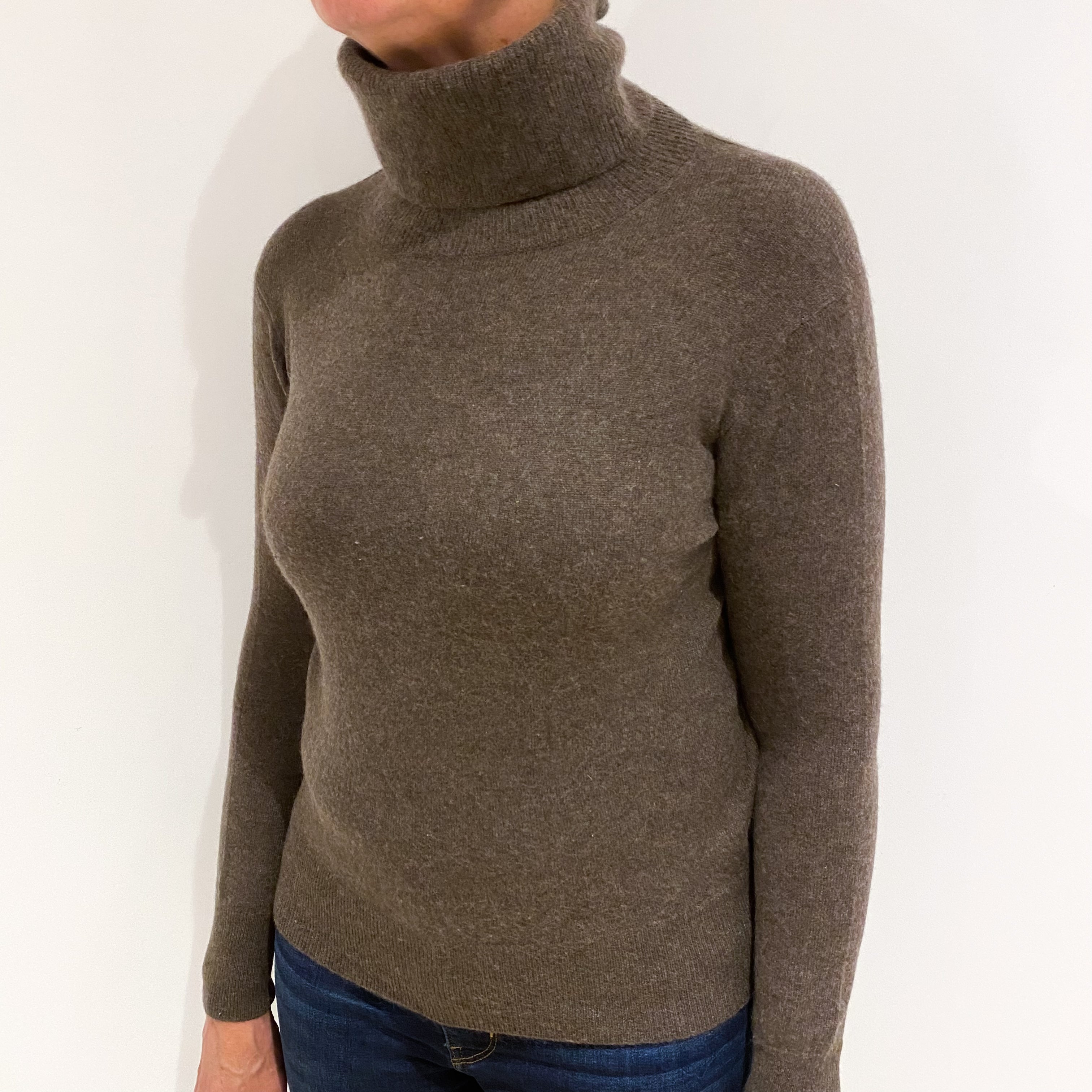 Mole Brown Cashmere Polo Neck Jumper Medium