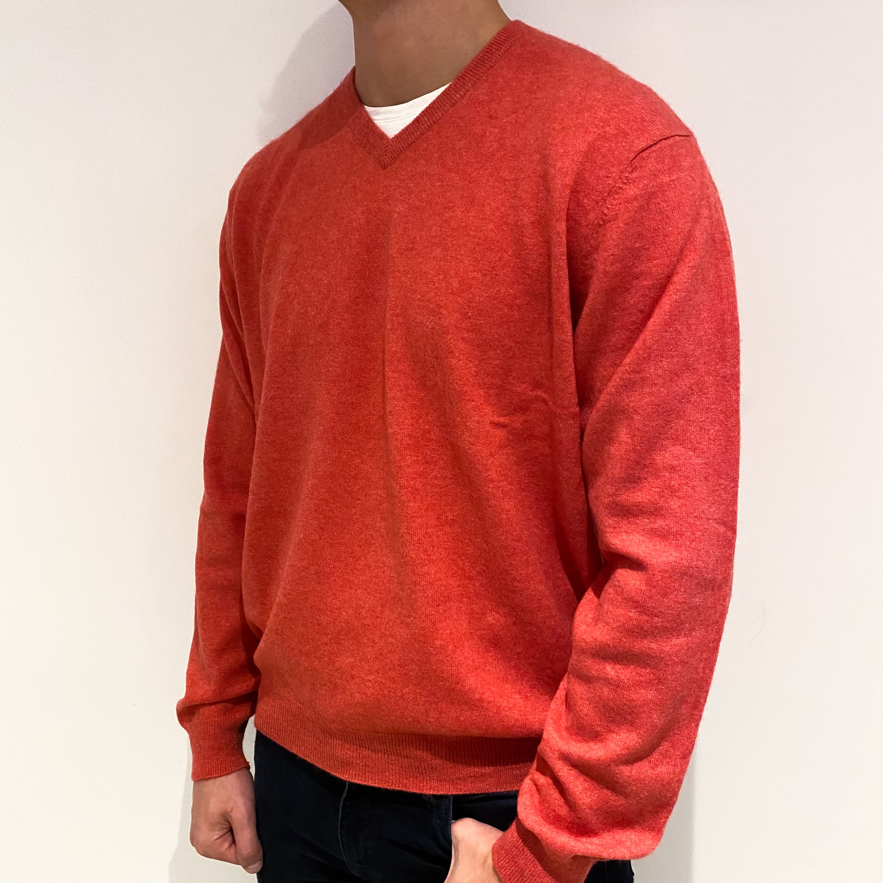 Men's Deep Coral Pink Cashmere V-Neck Jumper Extra Extra Large