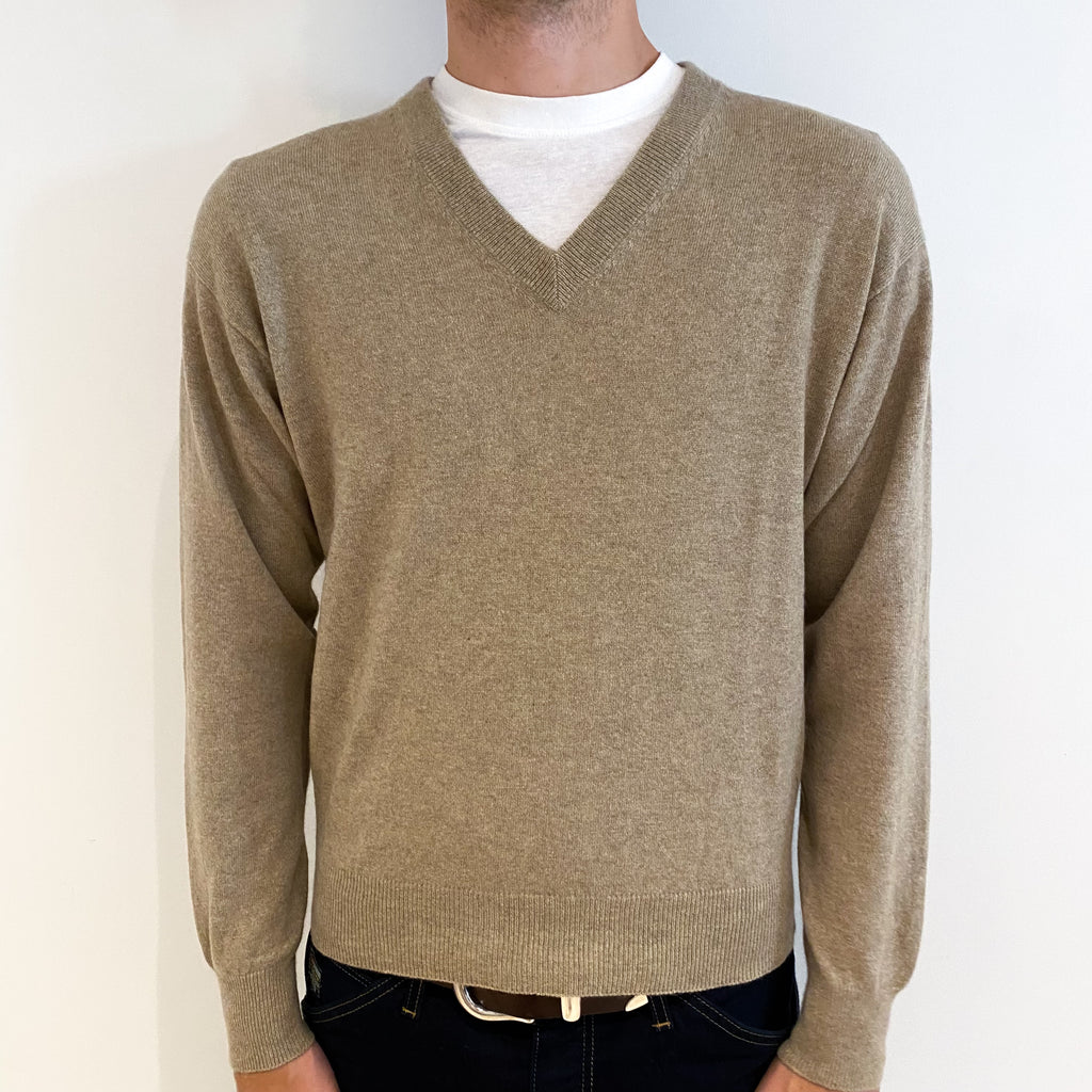 Men's Fawn Brown Cashmere V-Neck Jumper Medium