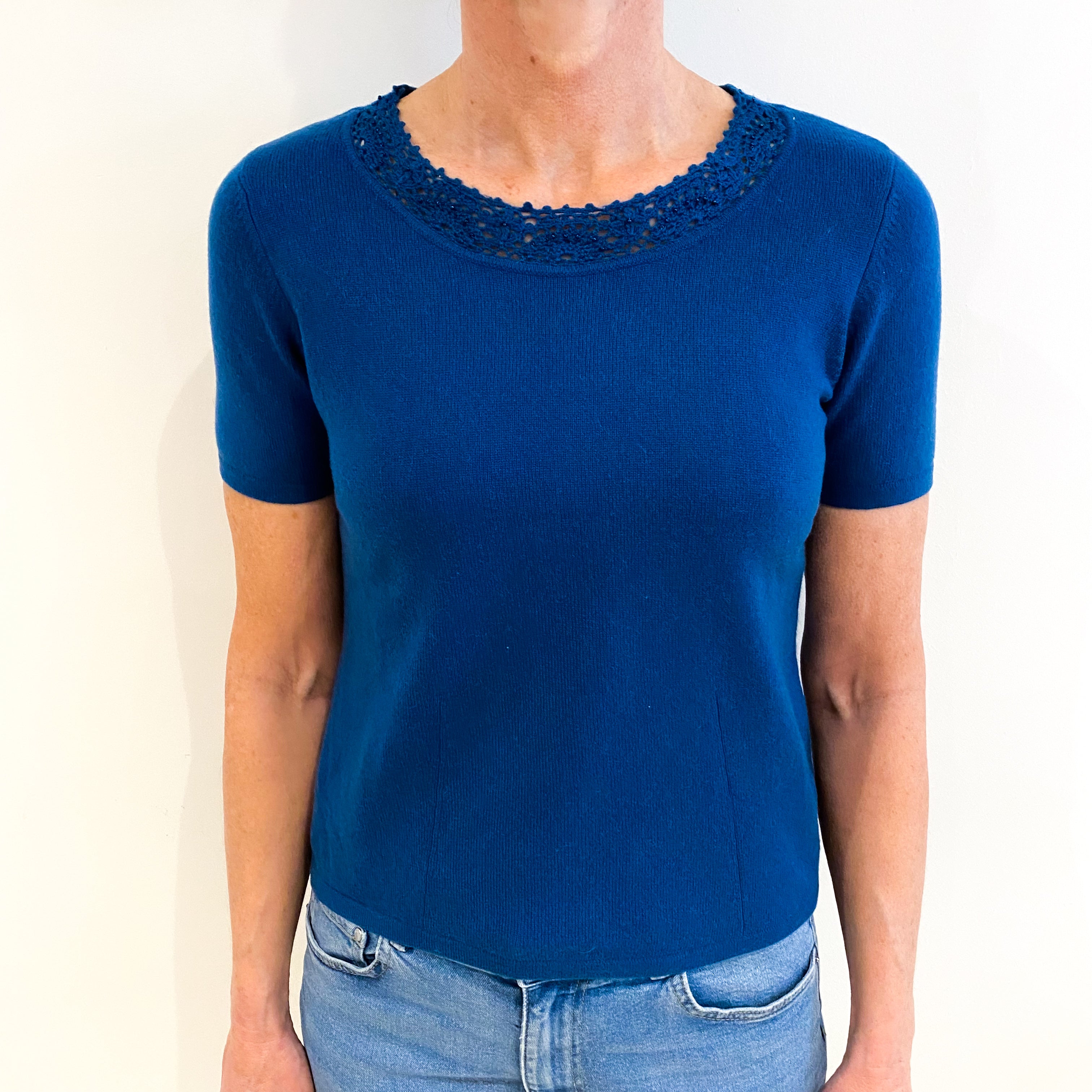Peacock Blue Cashmere Crew Neck Short Sleeved Jumper Small