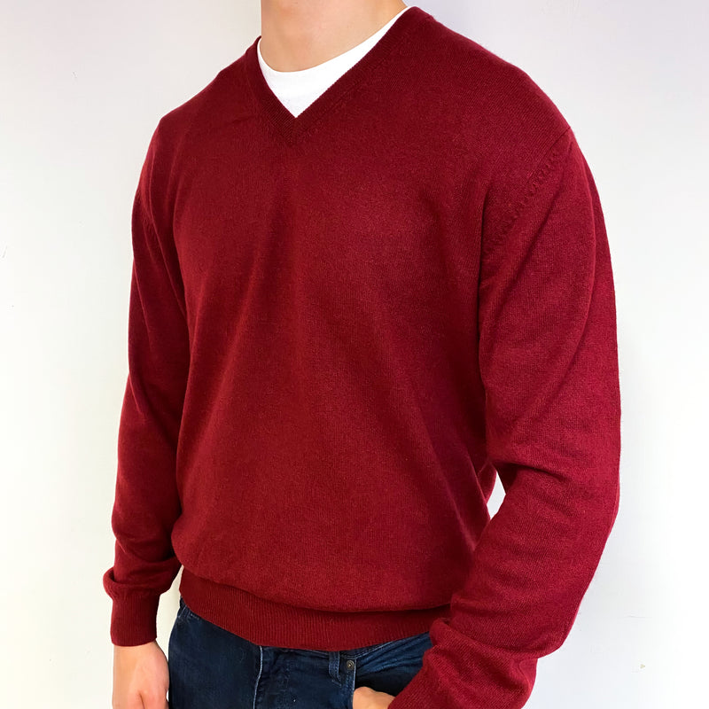 Men's Burgundy Red Cashmere V-Neck Jumper Extra Large