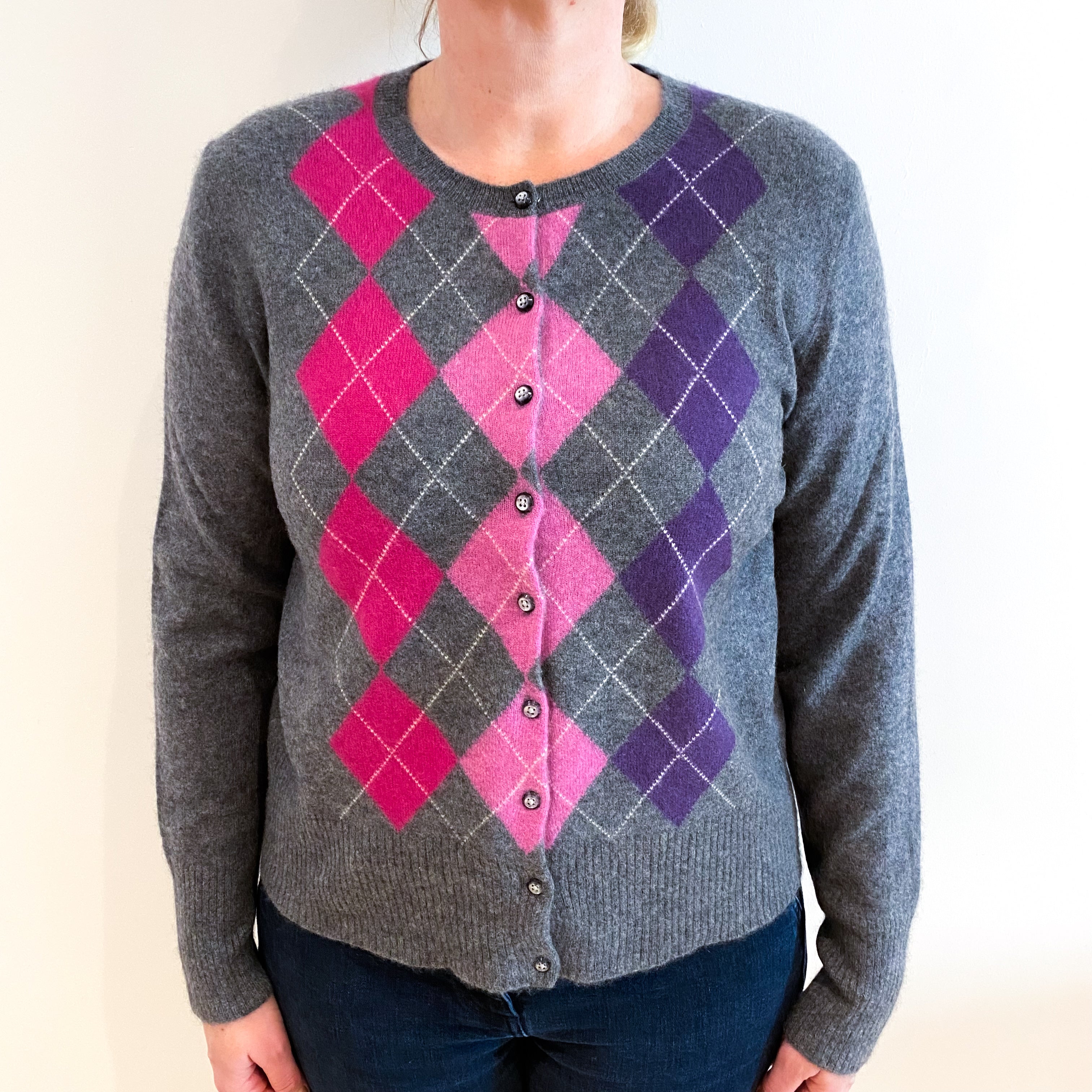 Grey and Pink Diamond Cashmere Crew Neck Cardigan Large