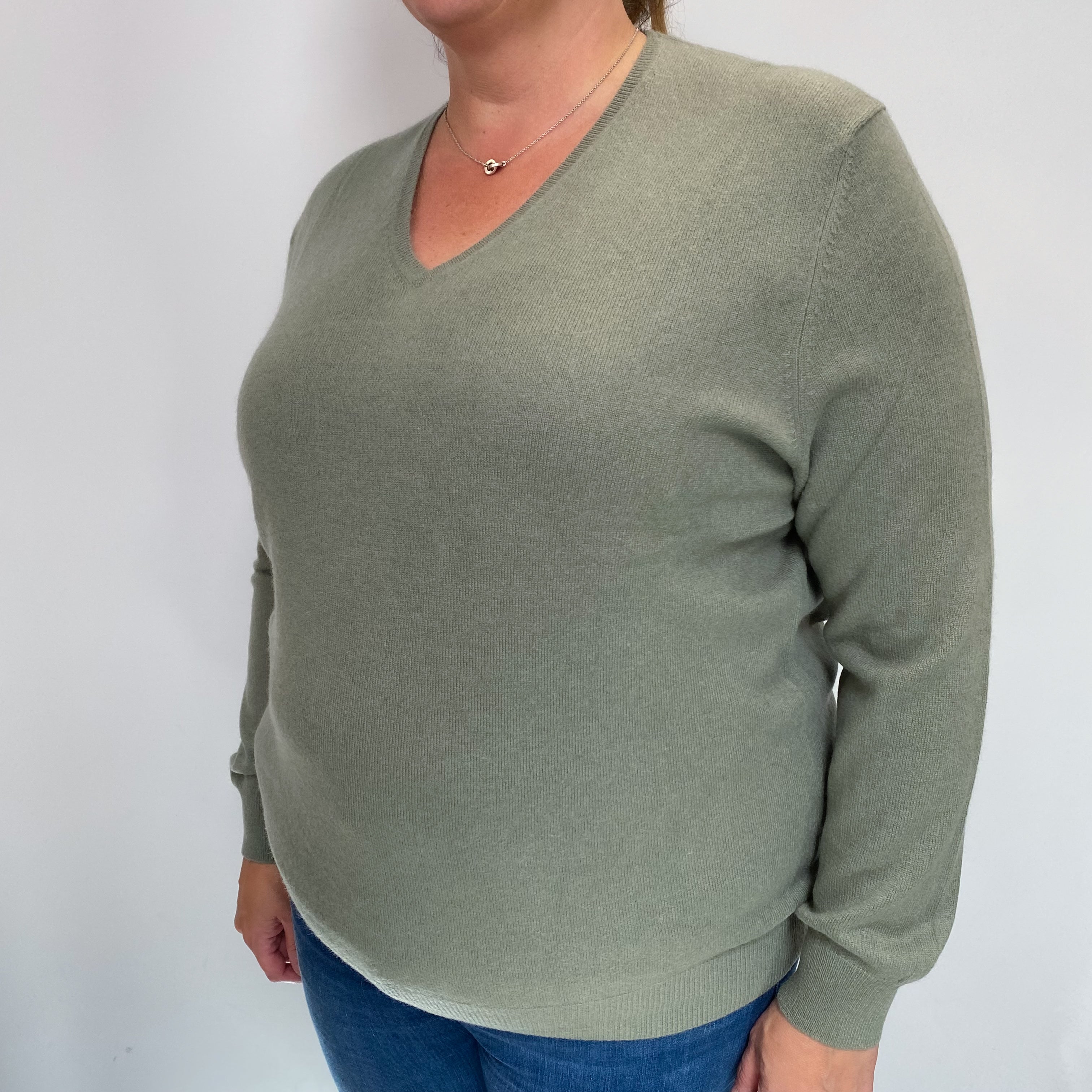 Sage Green Cashmere V Neck Jumper Extra Large