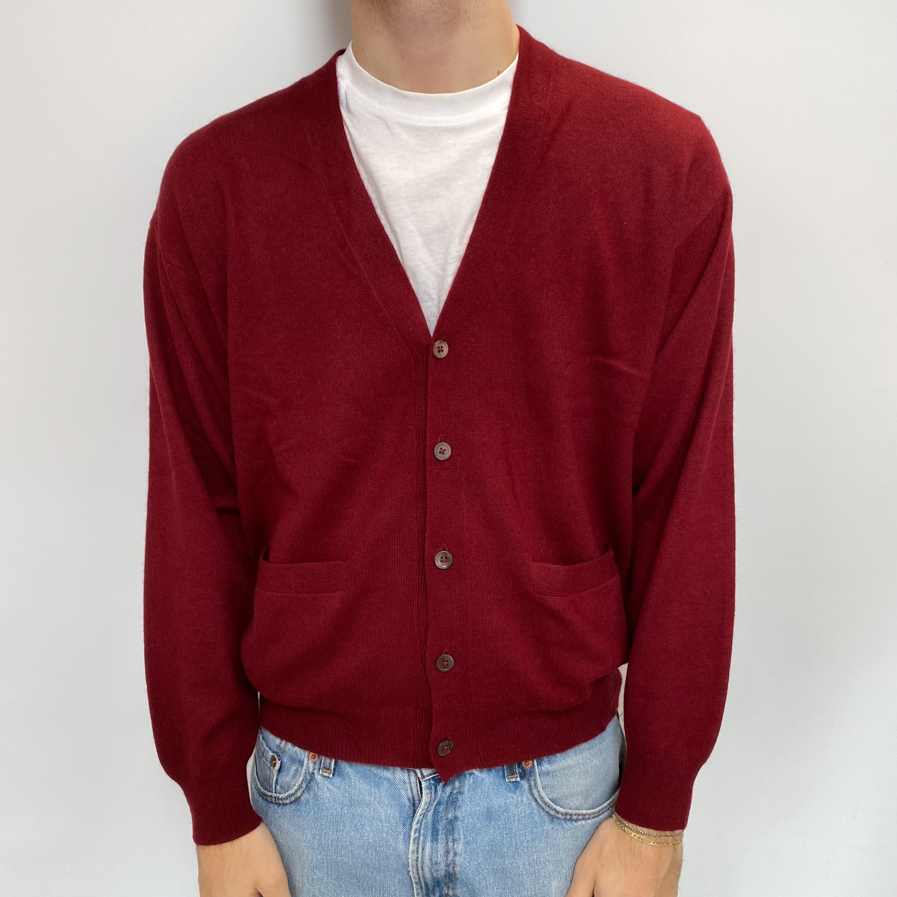 Men's Burgundy Red Cashmere V Cardigan with Pockets Jumper Large