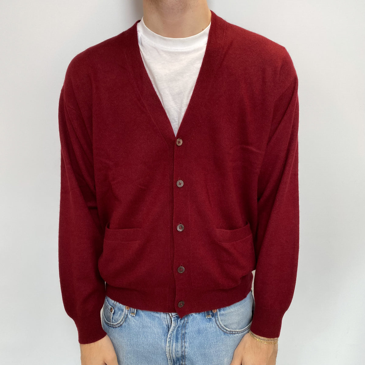 Men's Burgundy Red Cashmere V Cardigan with Pockets Jumper Large